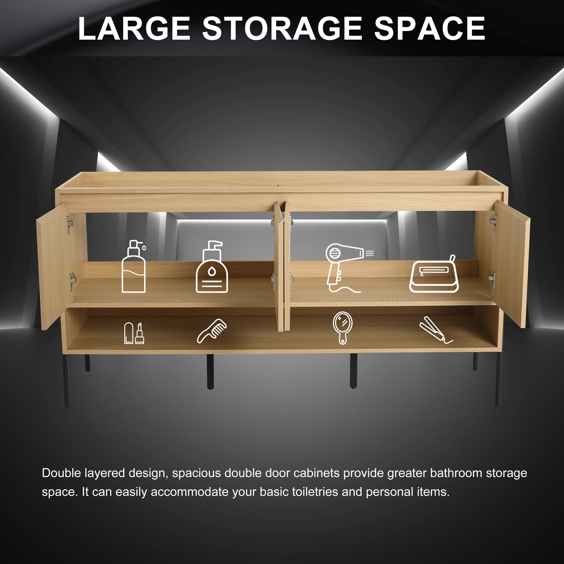 Oak Bathroom Vanity with 4 Doors - 58.69" Freestanding