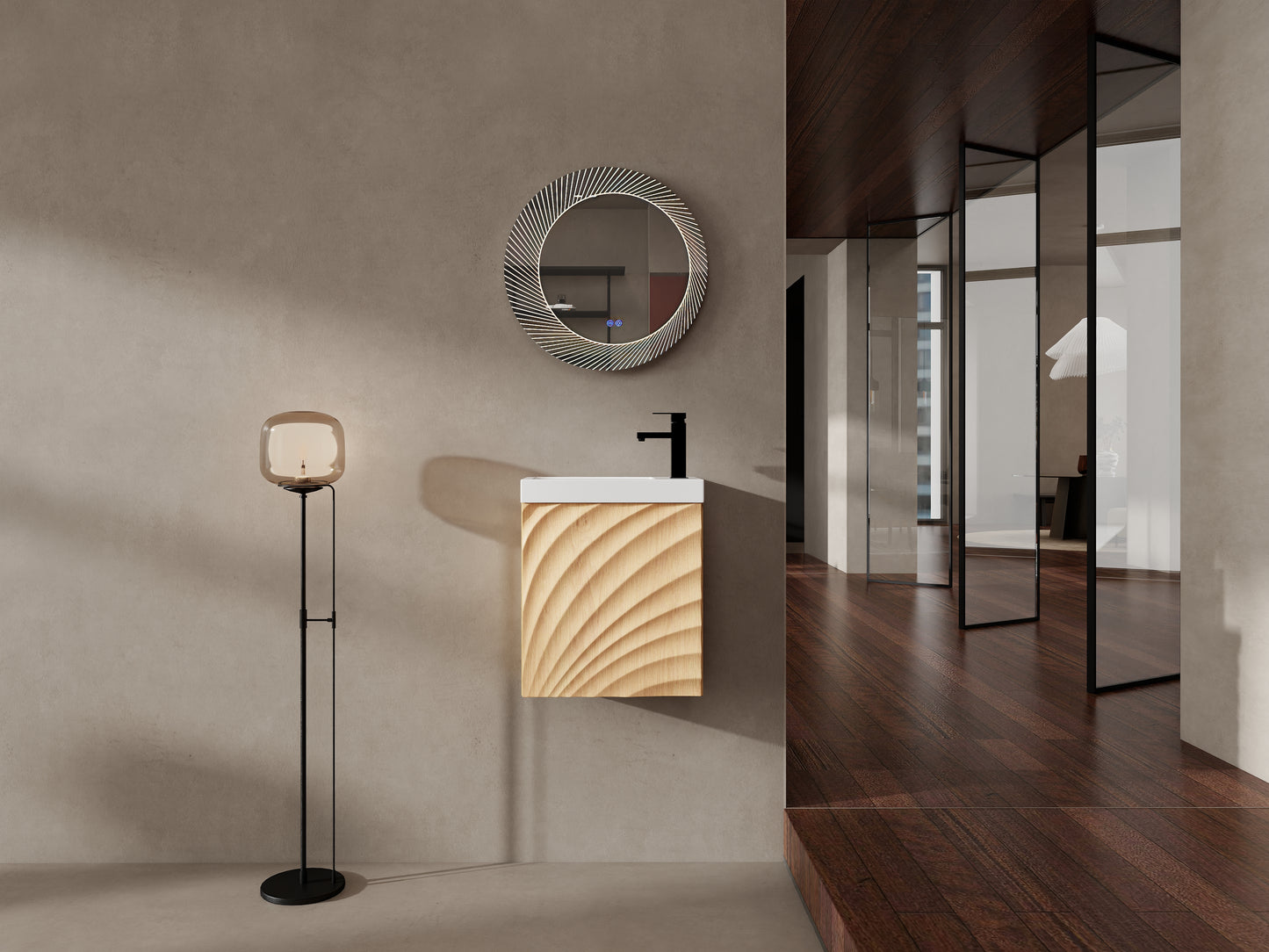Natural Wood Wall Mounted Bathroom Vanity with Resin Sink