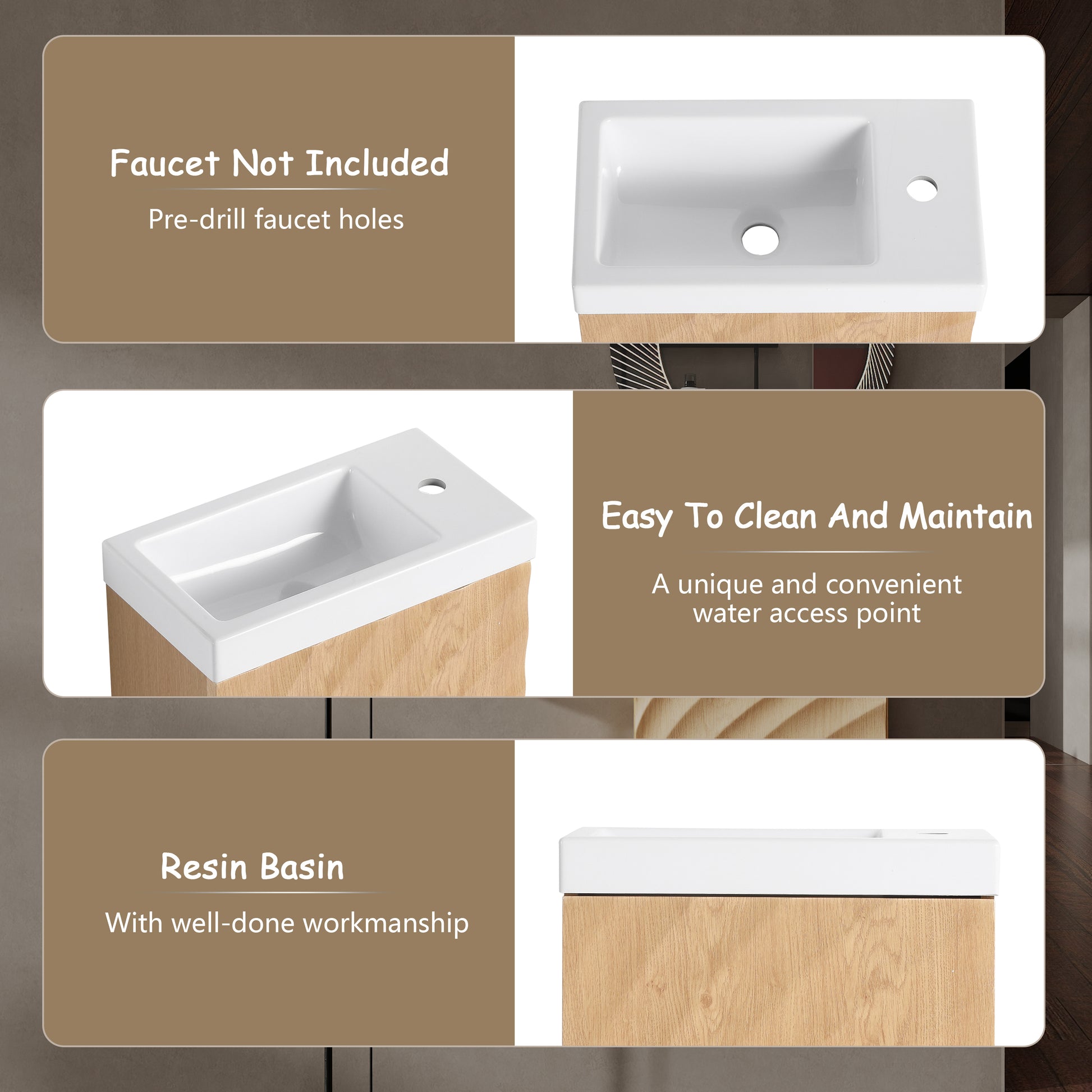 Natural Wood Wall Mounted Bathroom Vanity with Resin Sink