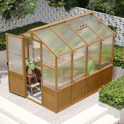 6x8 FT Greenhouse, Wooden Walk-in Greenhouse for Outdoors with 6MM Thick Polycarbonate Panel and Adjustable Roof Vents, Garden Backyard, Patio, Lawn, Wood Colour