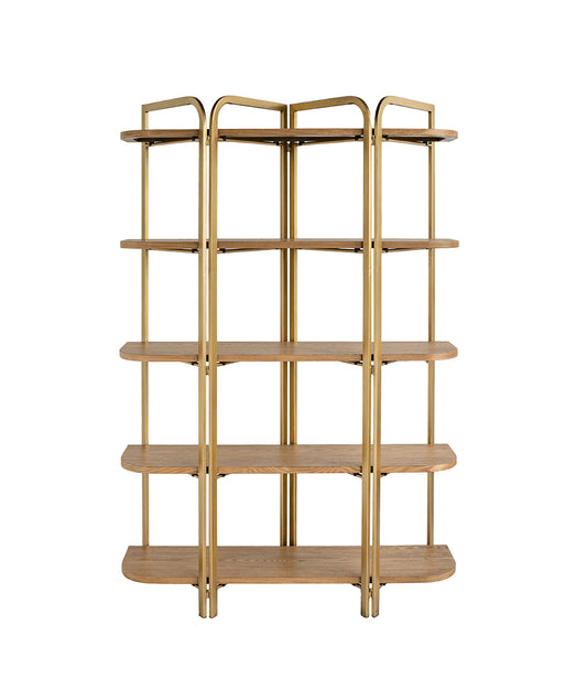 48x15.5x70.5" 4-Wooden Five-Tier Shelving Unit with Ash Veneer Finish and Scalloped Iron Frame