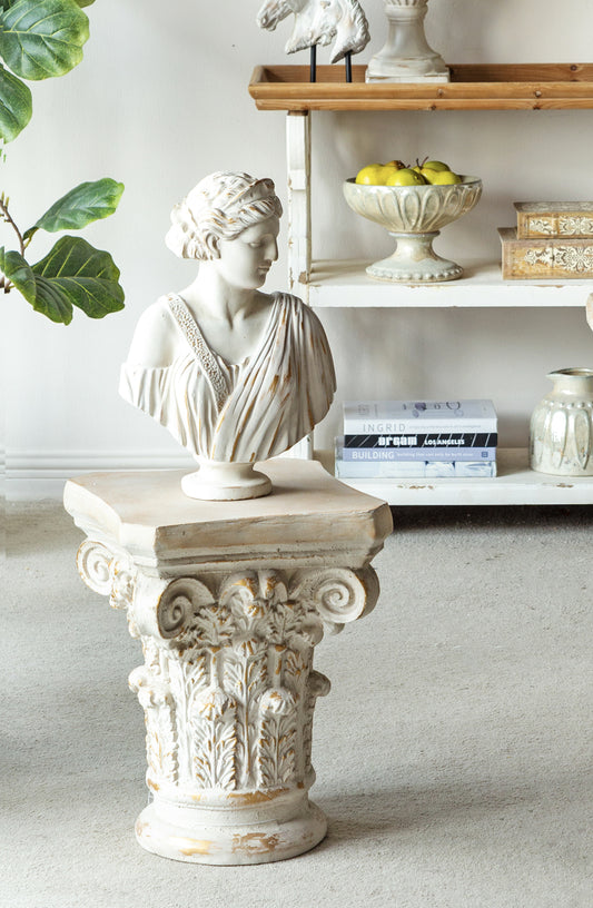 14x14x17.5" Ornate White Pedestal Stand with Scrollwork Design and Gold Accents, Distressed Display Stand
