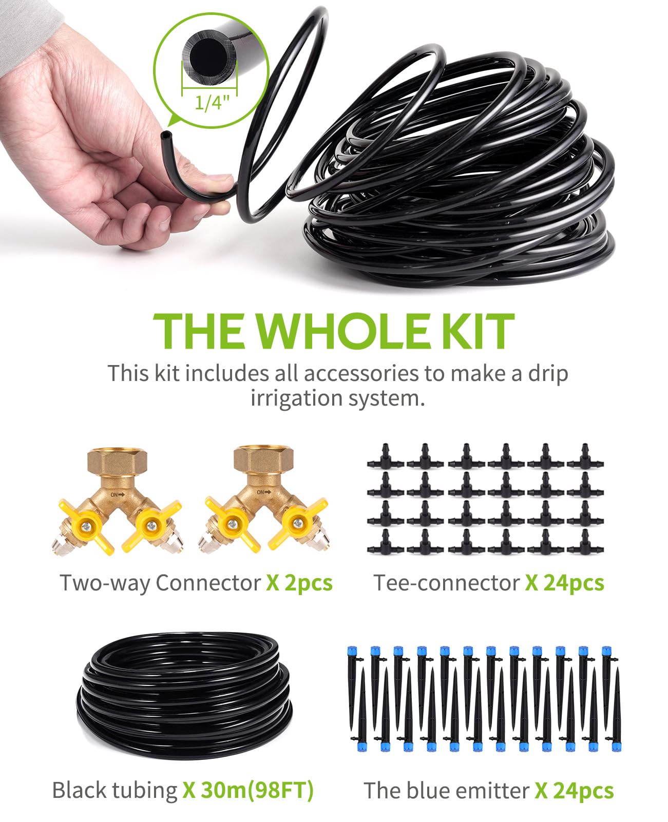 100ft Drip Irrigation Kit - Brass Watering System