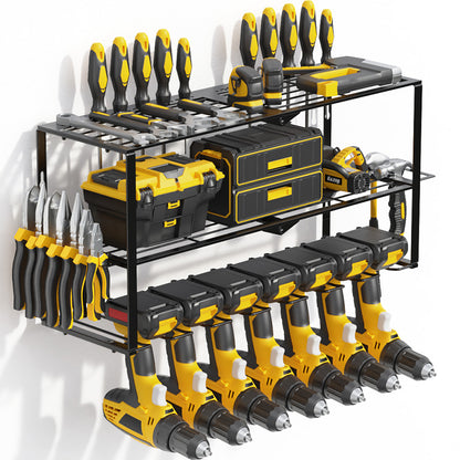 Heavy Duty Metal Power Tool Organizer with 7 Drill Holder, Garage Storage Rack for Cordless Tools, Workshop Shelf with Pegboard Compatibility, Valentine's Day Gift for Men
