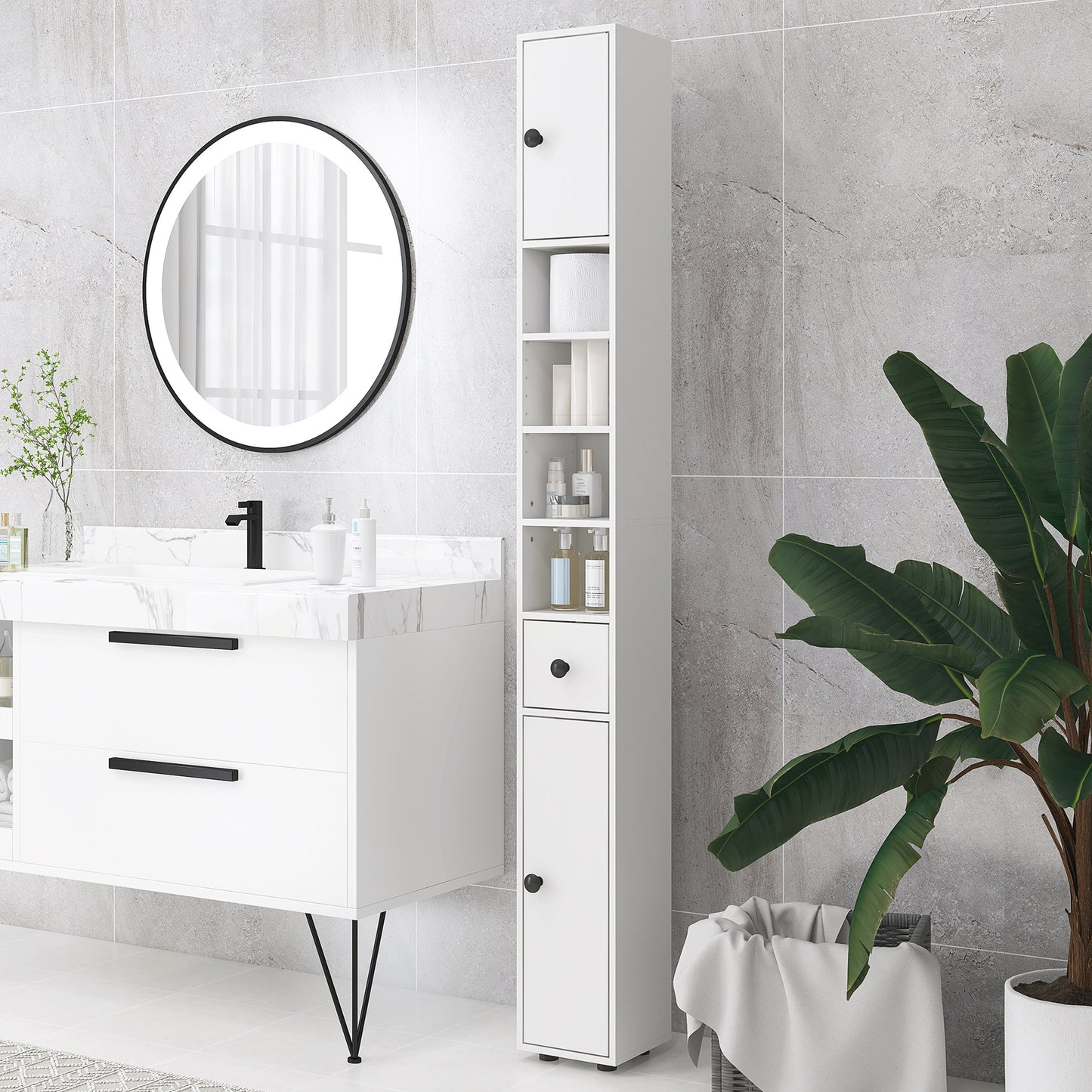 Narrow White Bathroom Cabinet - 71" Tall Storage for Living Room