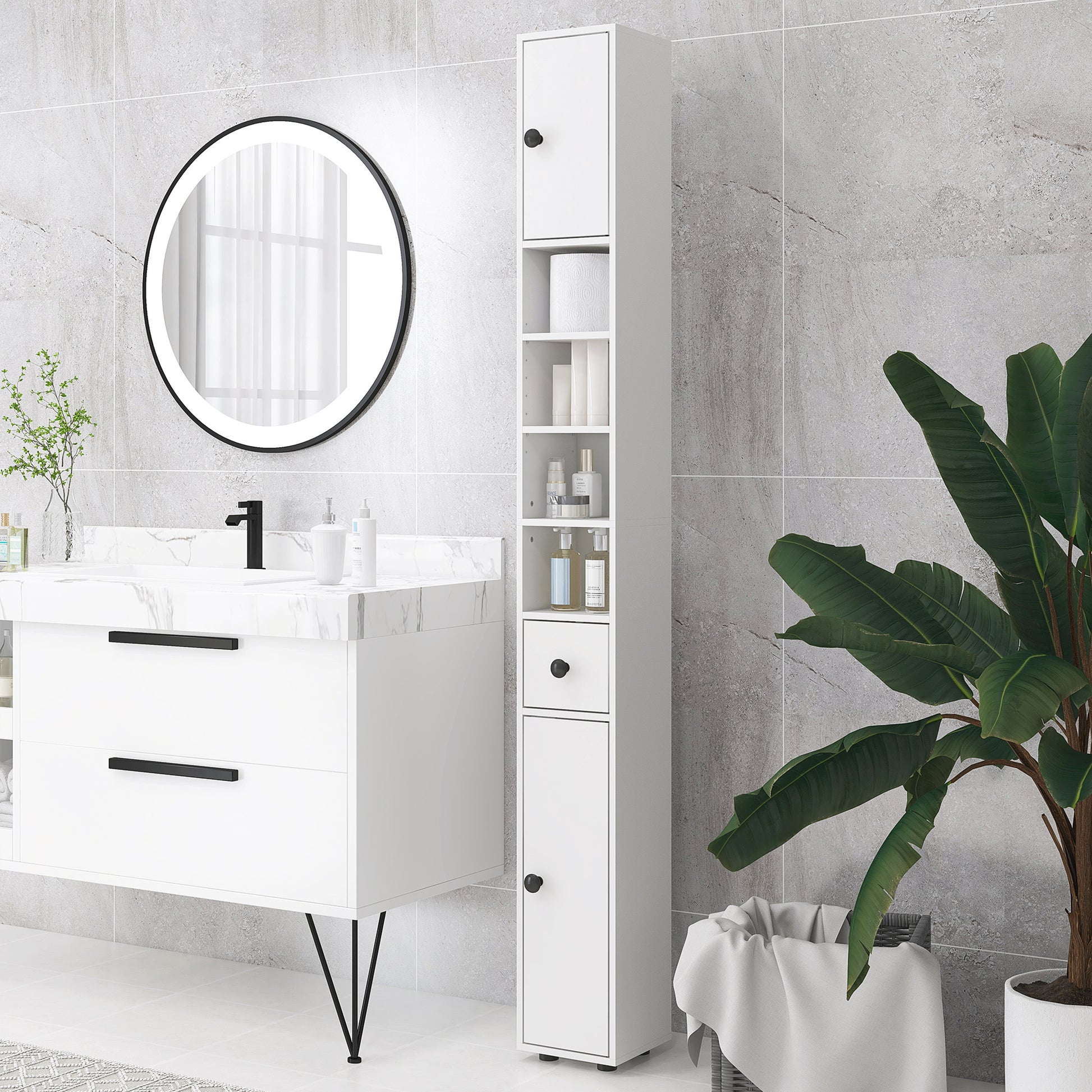 Narrow White Bathroom Cabinet - 71" Tall Storage for Living Room