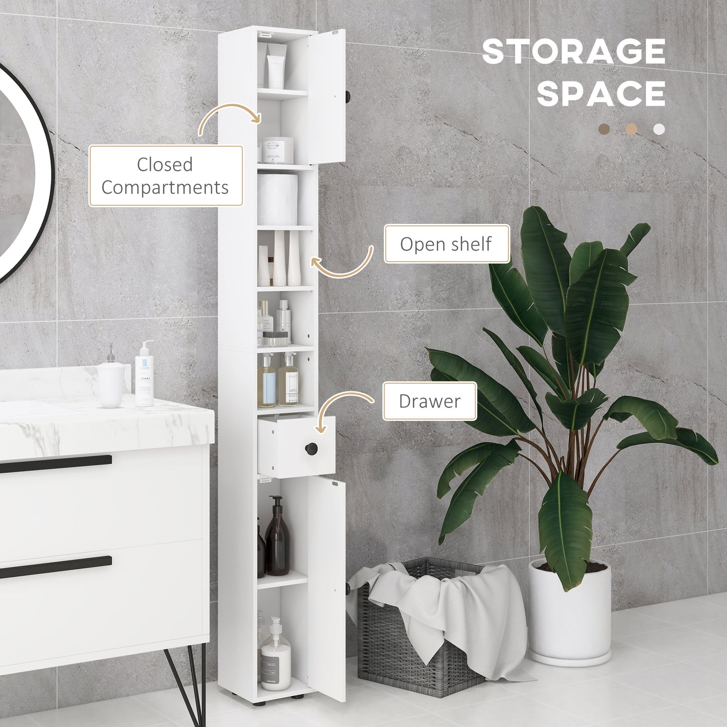 Narrow White Bathroom Cabinet - 71" Tall Storage for Living Room