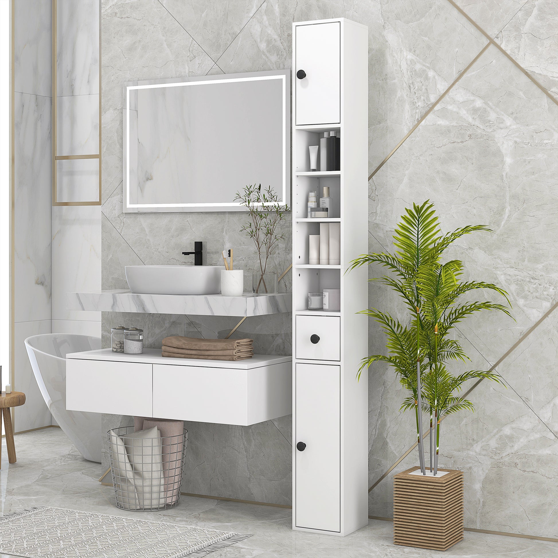 Narrow White Bathroom Cabinet - 71" Tall Storage for Living Room