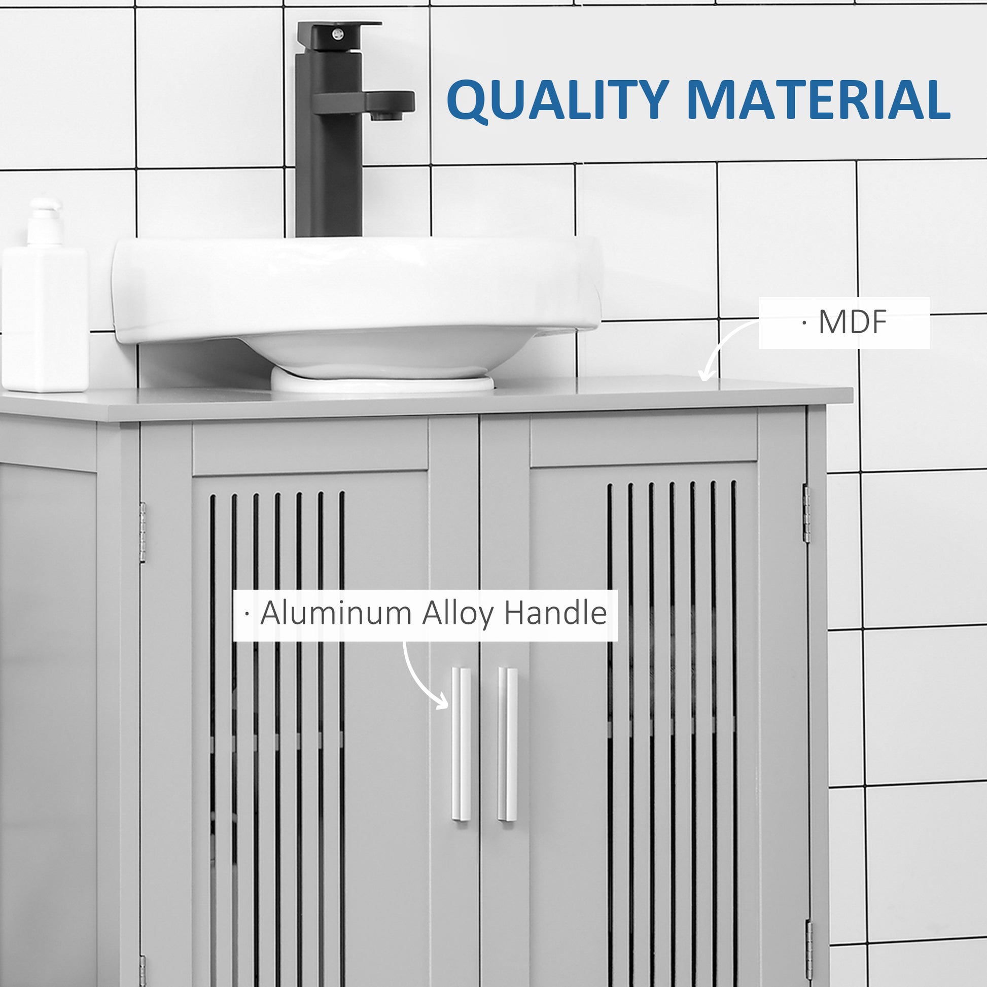 Grey MDF Metal Under Sink Cabinet - Bathroom Storage for Living Room