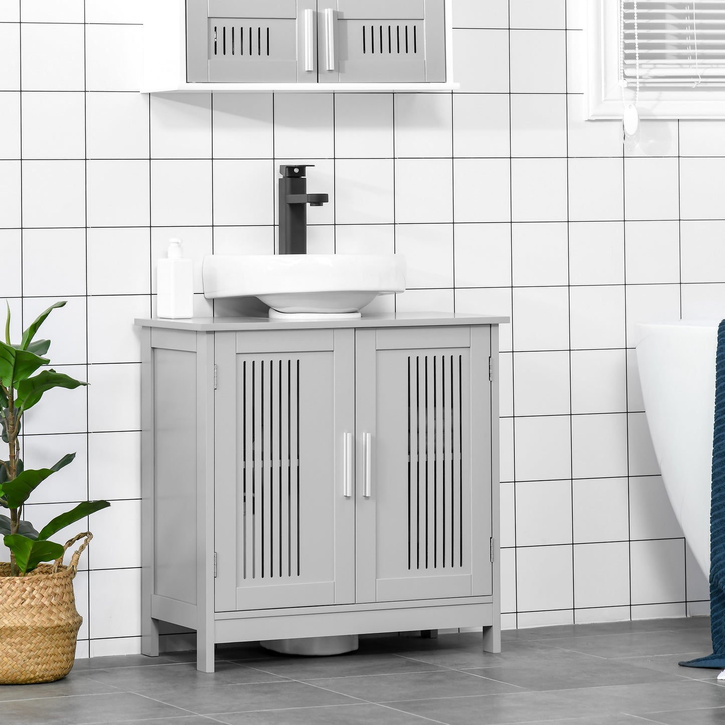 Grey MDF Metal Under Sink Cabinet - Bathroom Storage for Living Room