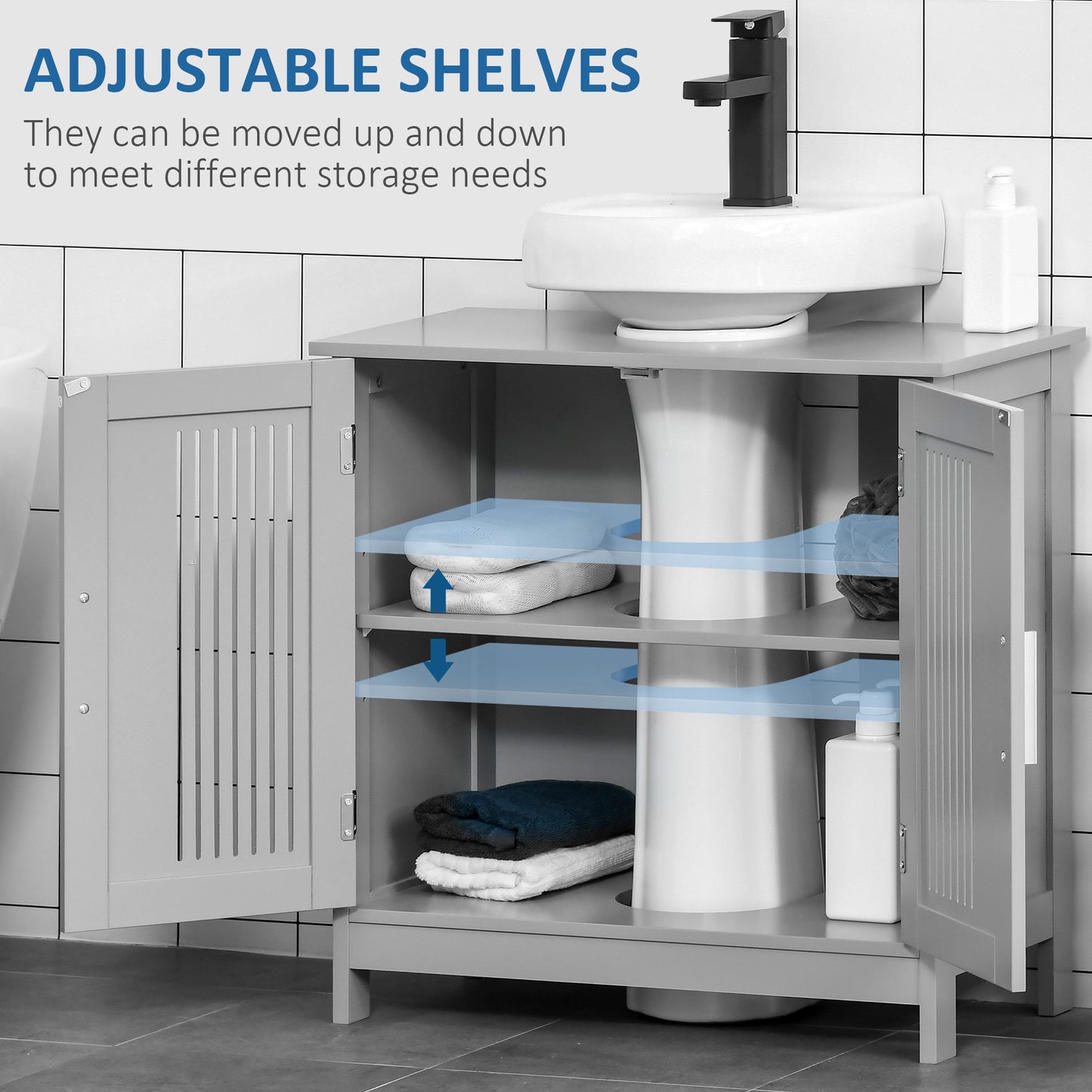 Grey MDF Metal Under Sink Cabinet - Bathroom Storage for Living Room