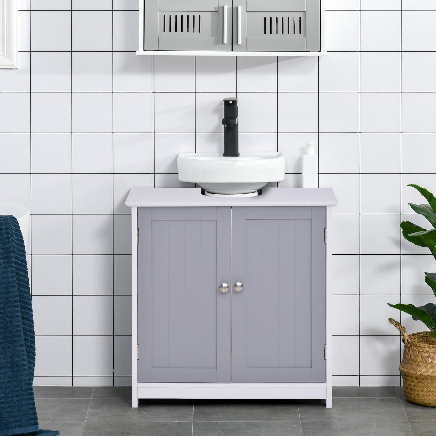 Under Sink Bathroom Cabinet - White+Gray MDF Storage