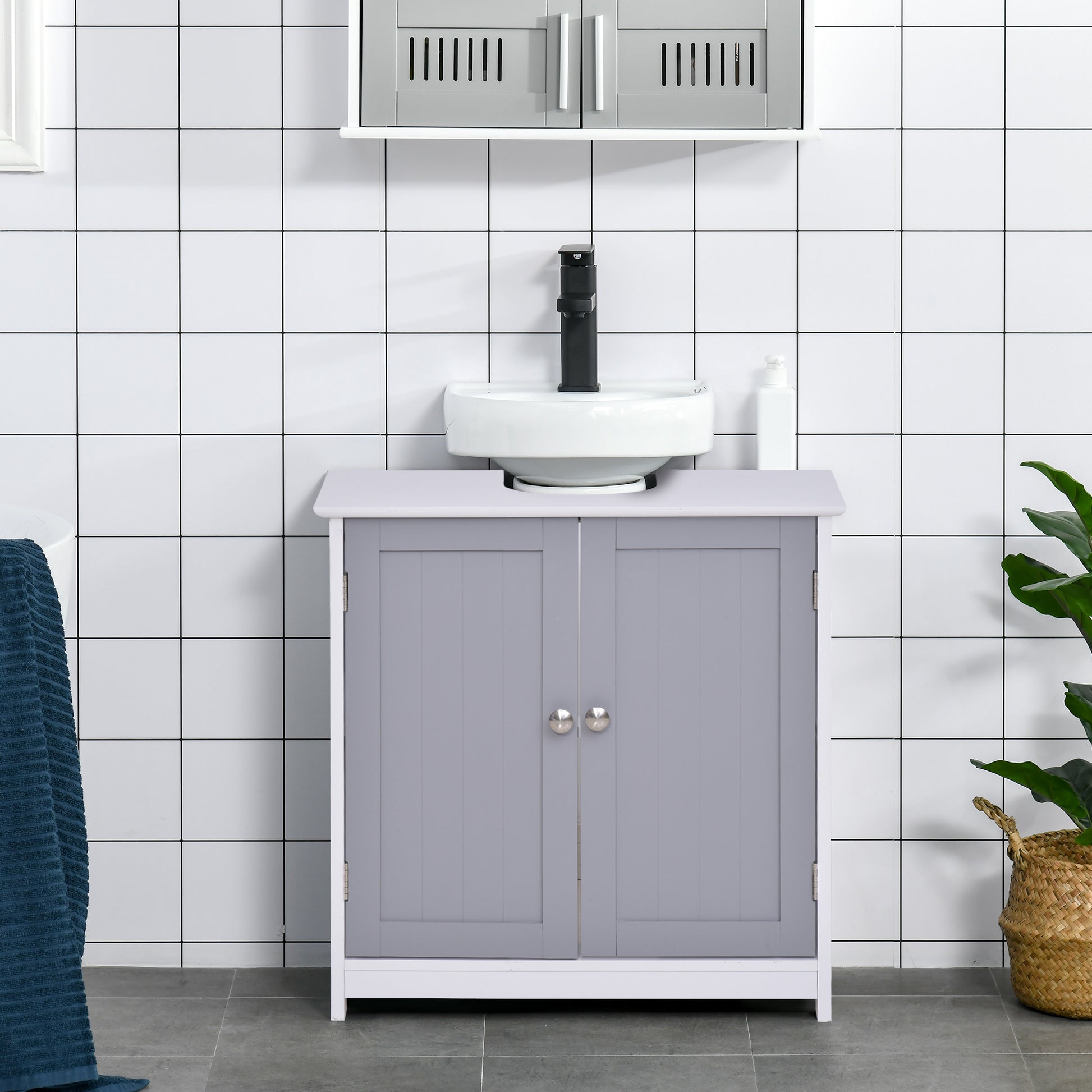 Under Sink Bathroom Cabinet - White+Gray MDF Storage