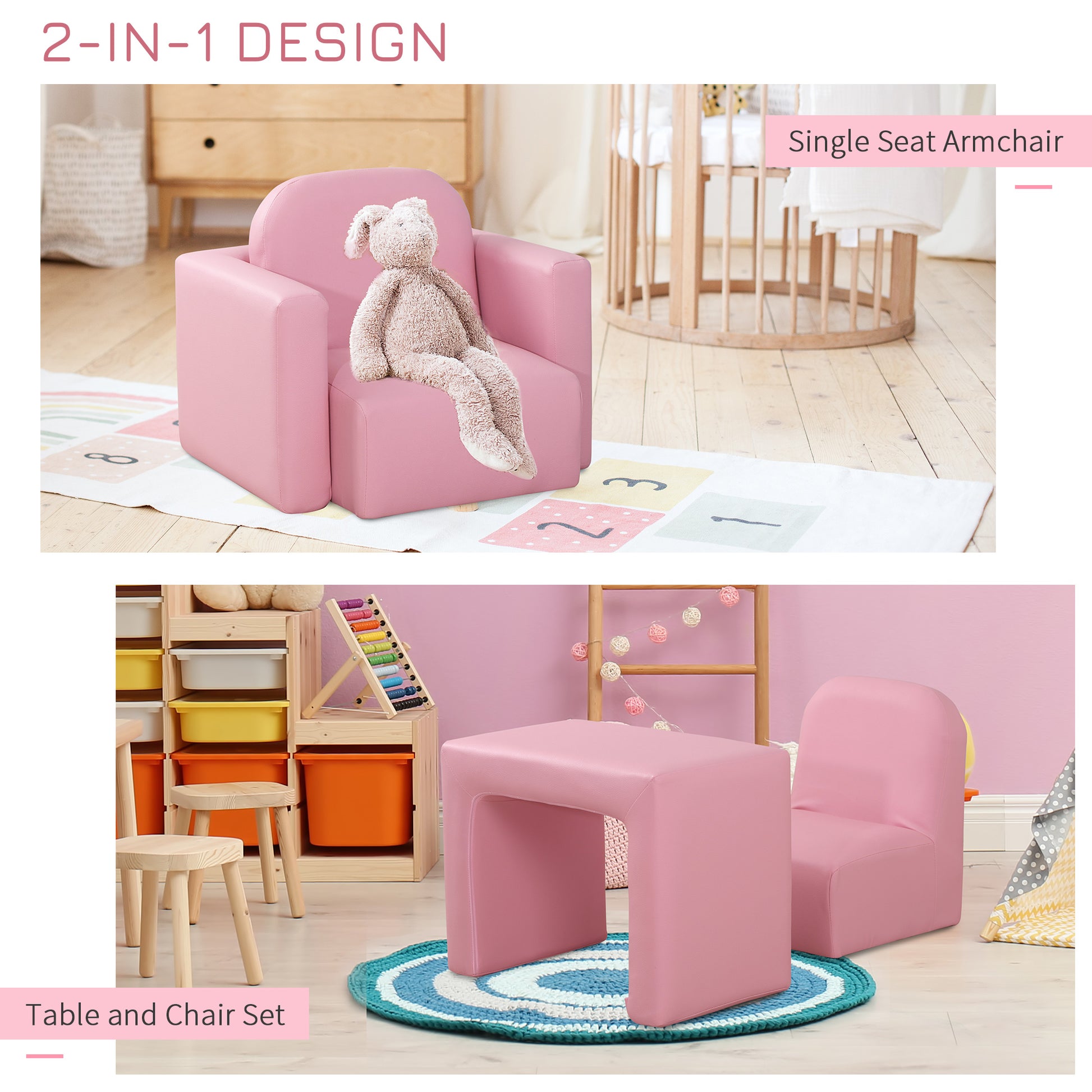 Pink 2-in-1 Kids Sofa Convertible Chair Table Set