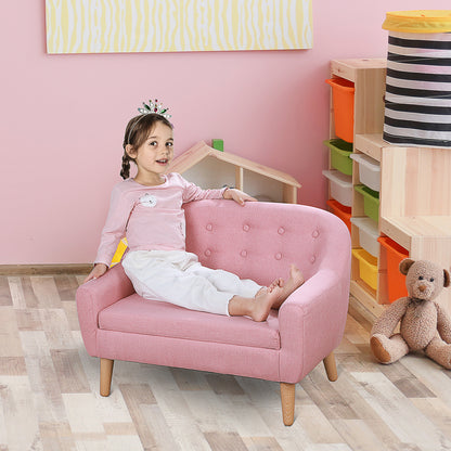 Pink Kids Sofa - Comfortable 2-Seat Linen Couch for Toddlers