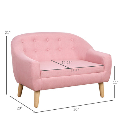 Pink Kids Sofa - Comfortable 2-Seat Linen Couch for Toddlers