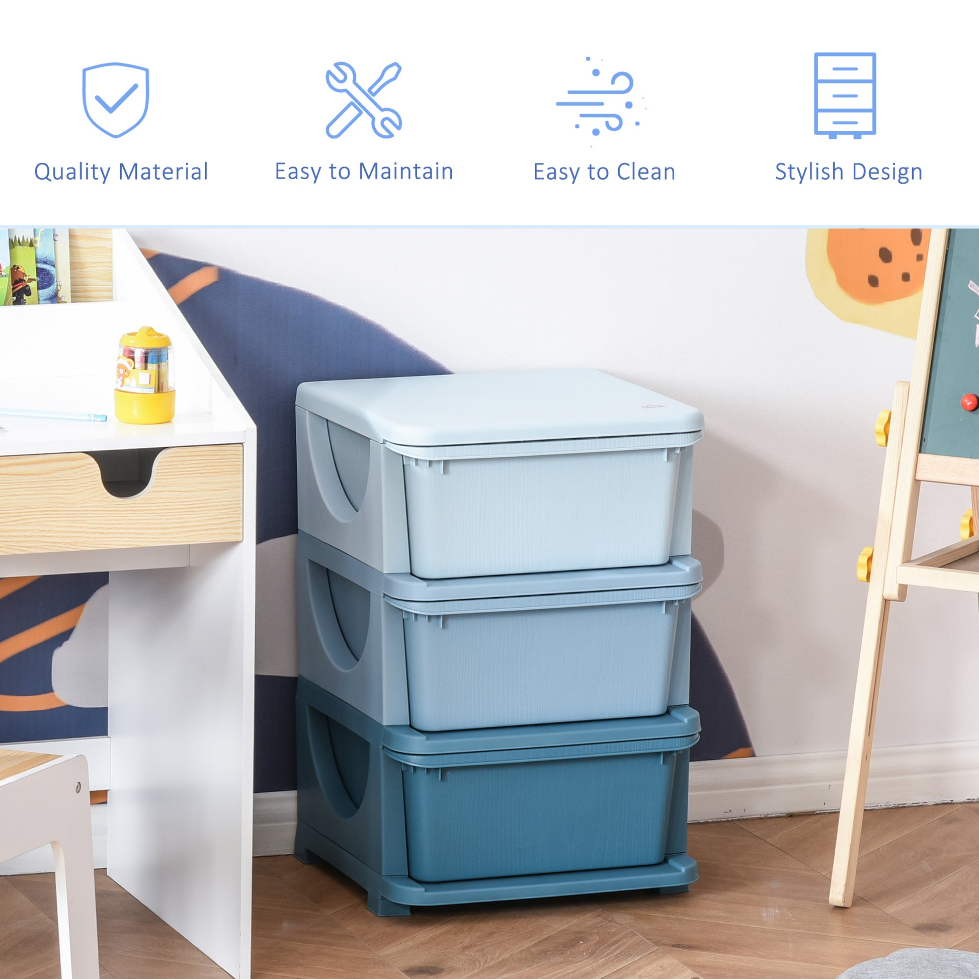 3-Tier Kids Storage Unit - Blue Polypropylene