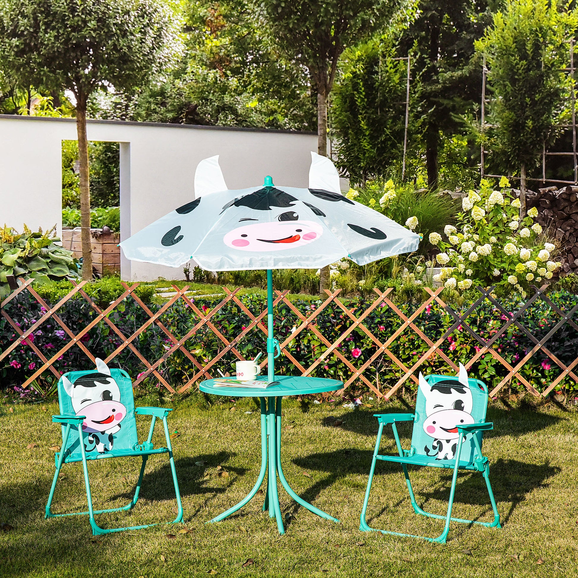 White Metal Kids Outdoor Picnic Table Set with Adjustable Umbrella