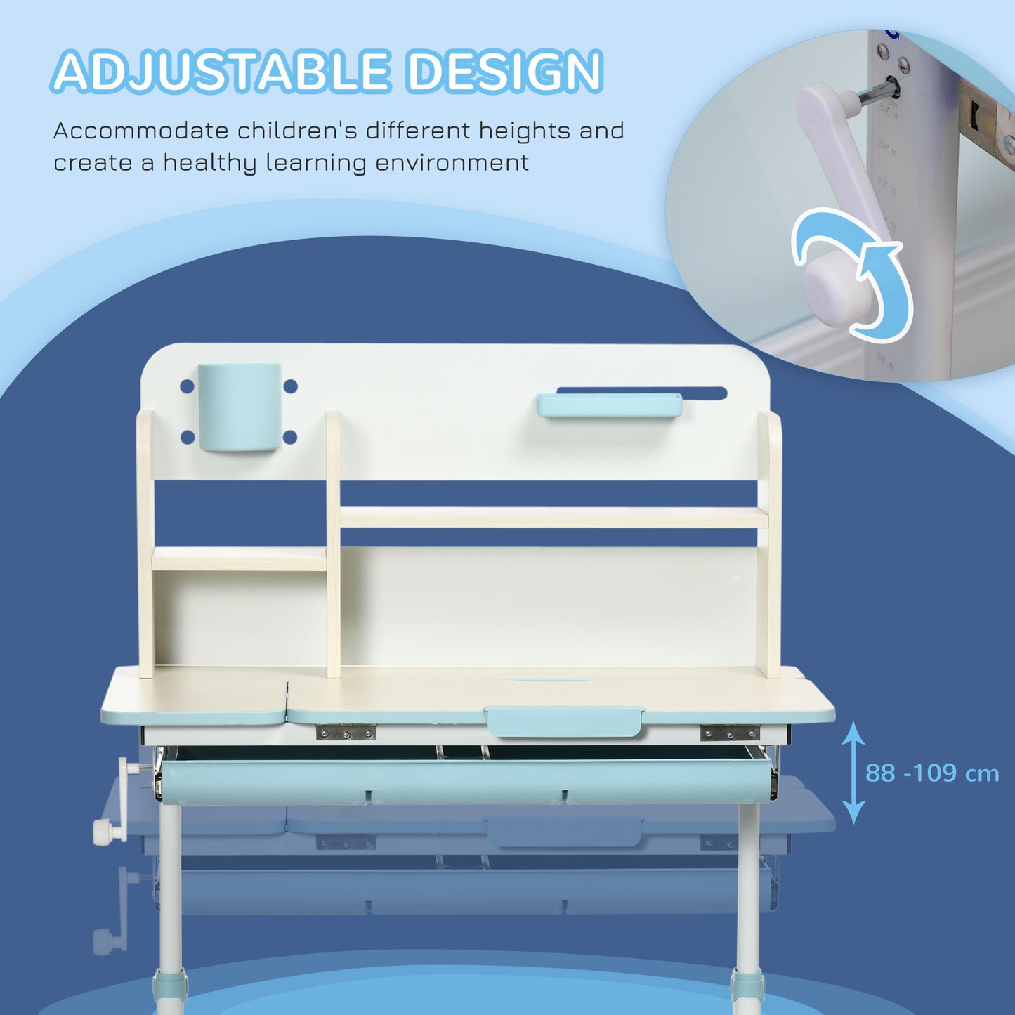 Wooden Kids Study Desk - Height Adjustable, Blue
