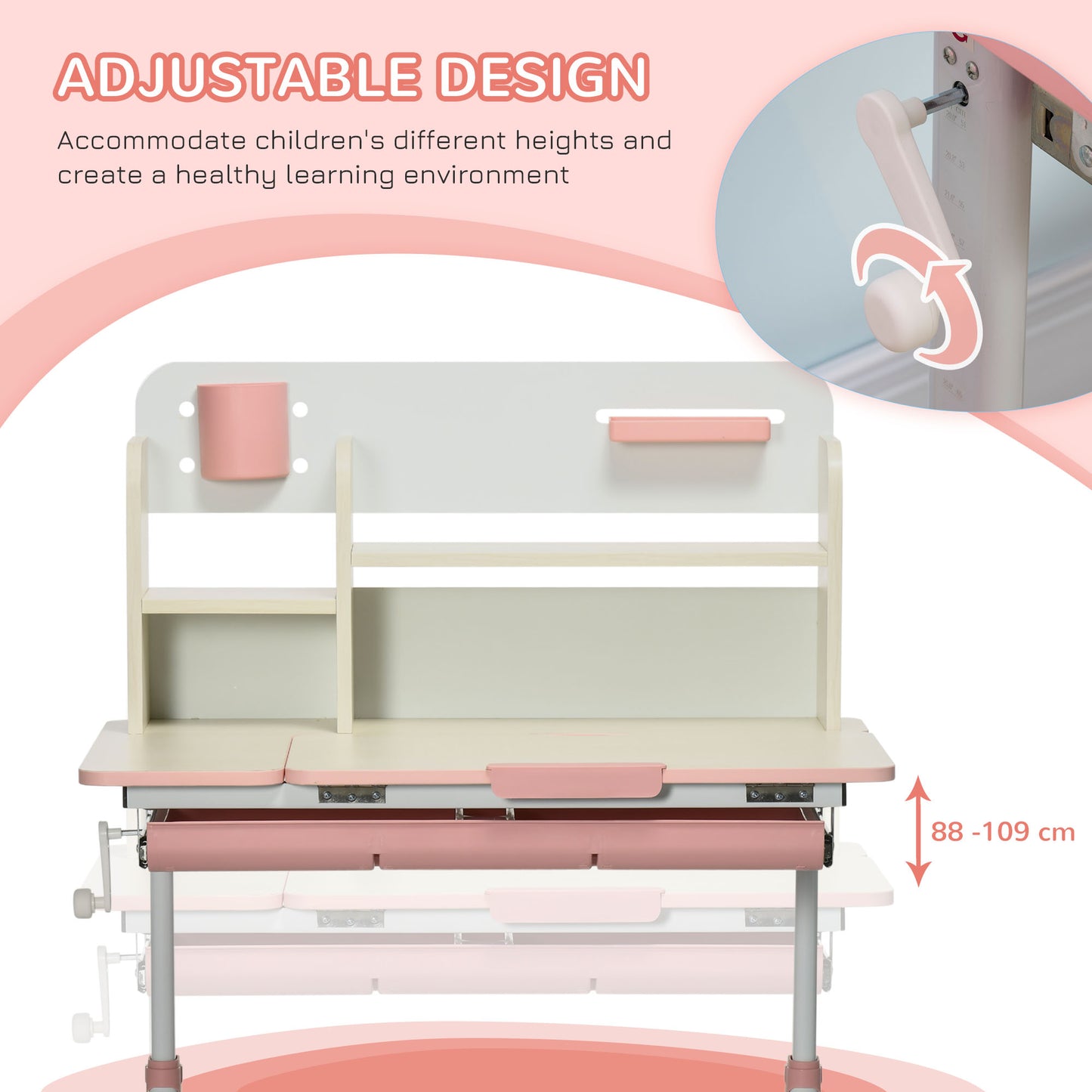 Pink Kids Study Desk - Height Adjustable Writing Table