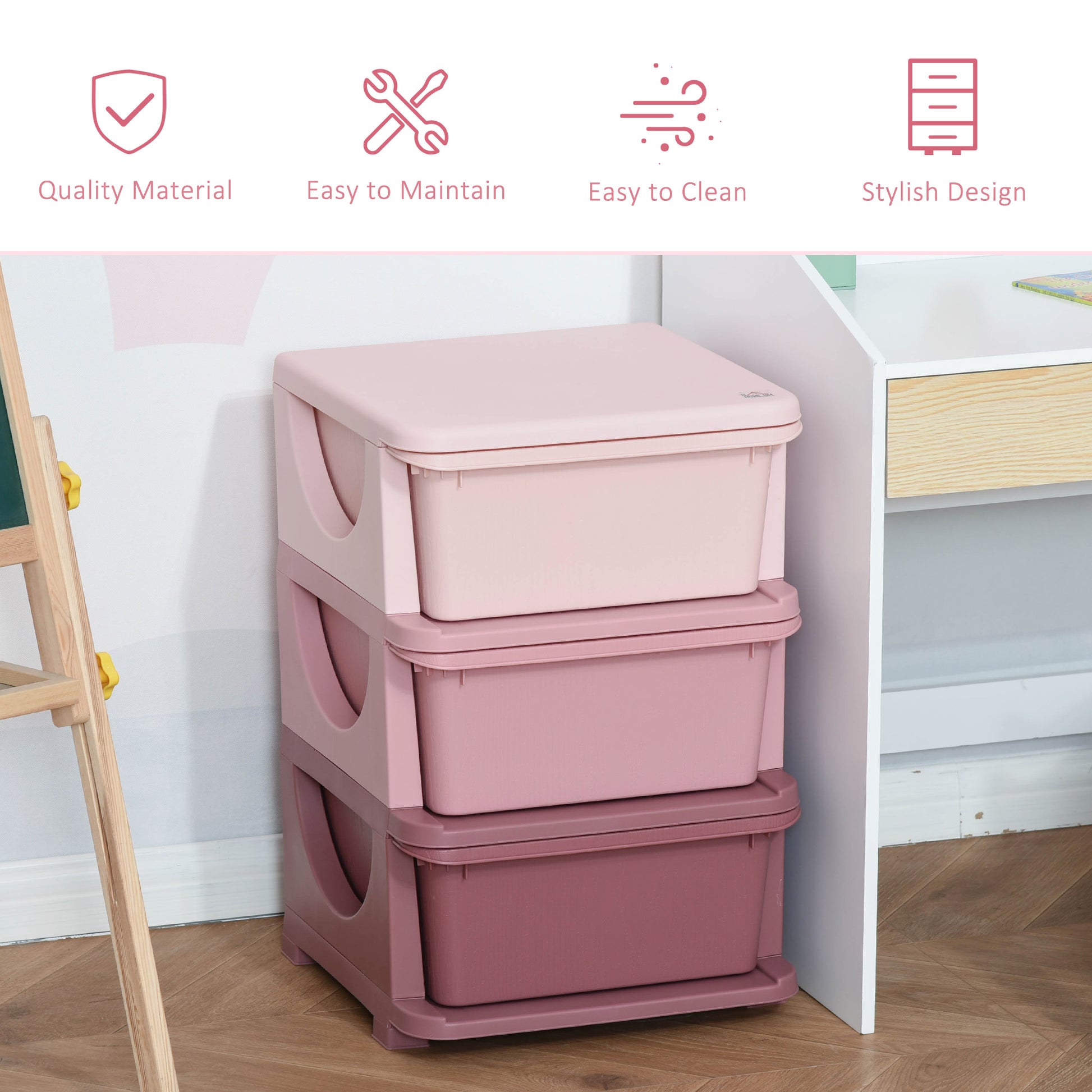 Pink Polypropylene Kids Storage Tower - 3 Tier Bedroom Organizer