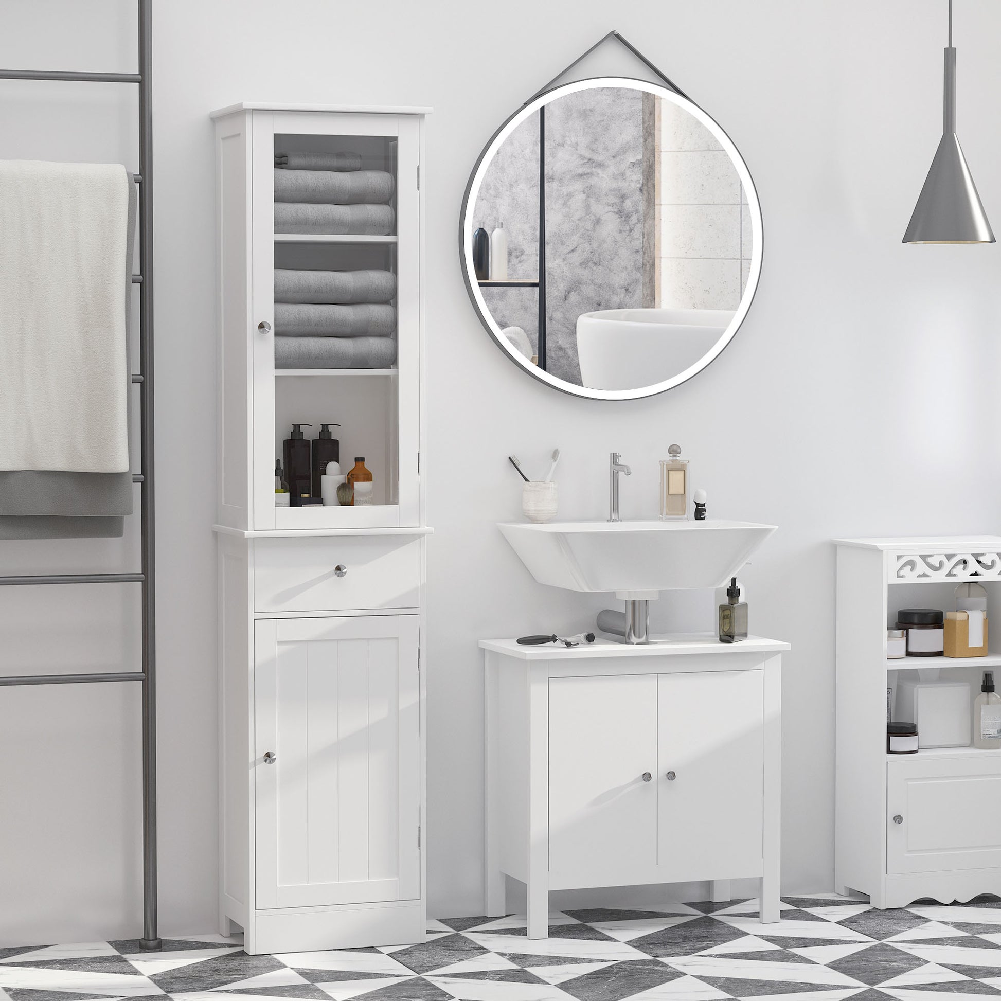 White MDF Bathroom Cabinet - Tall Storage Tower with Drawer for Living Room