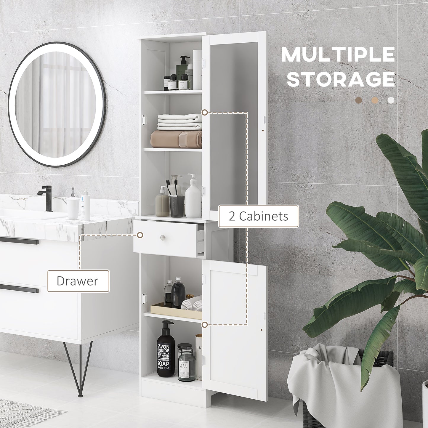 White MDF Bathroom Cabinet - Tall Storage Tower with Drawer for Living Room