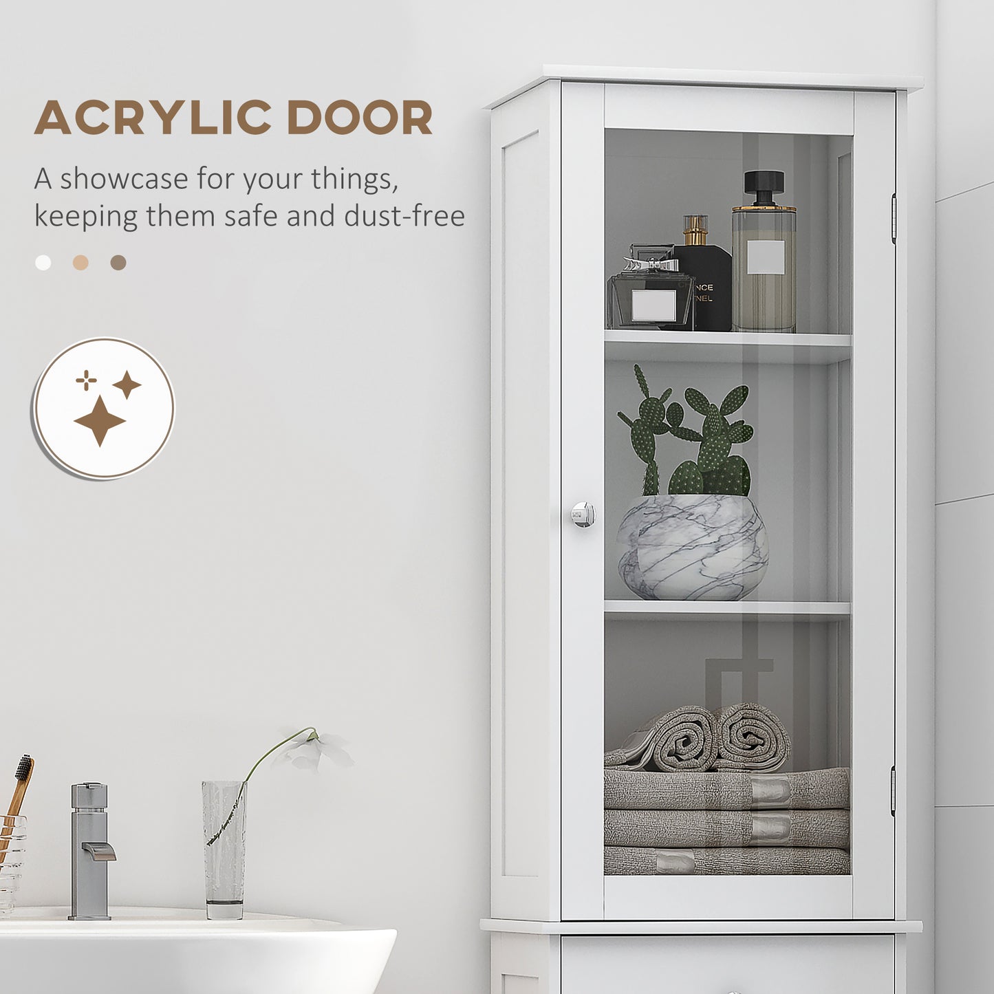 White MDF Bathroom Cabinet - Tall Storage Tower with Drawer for Living Room
