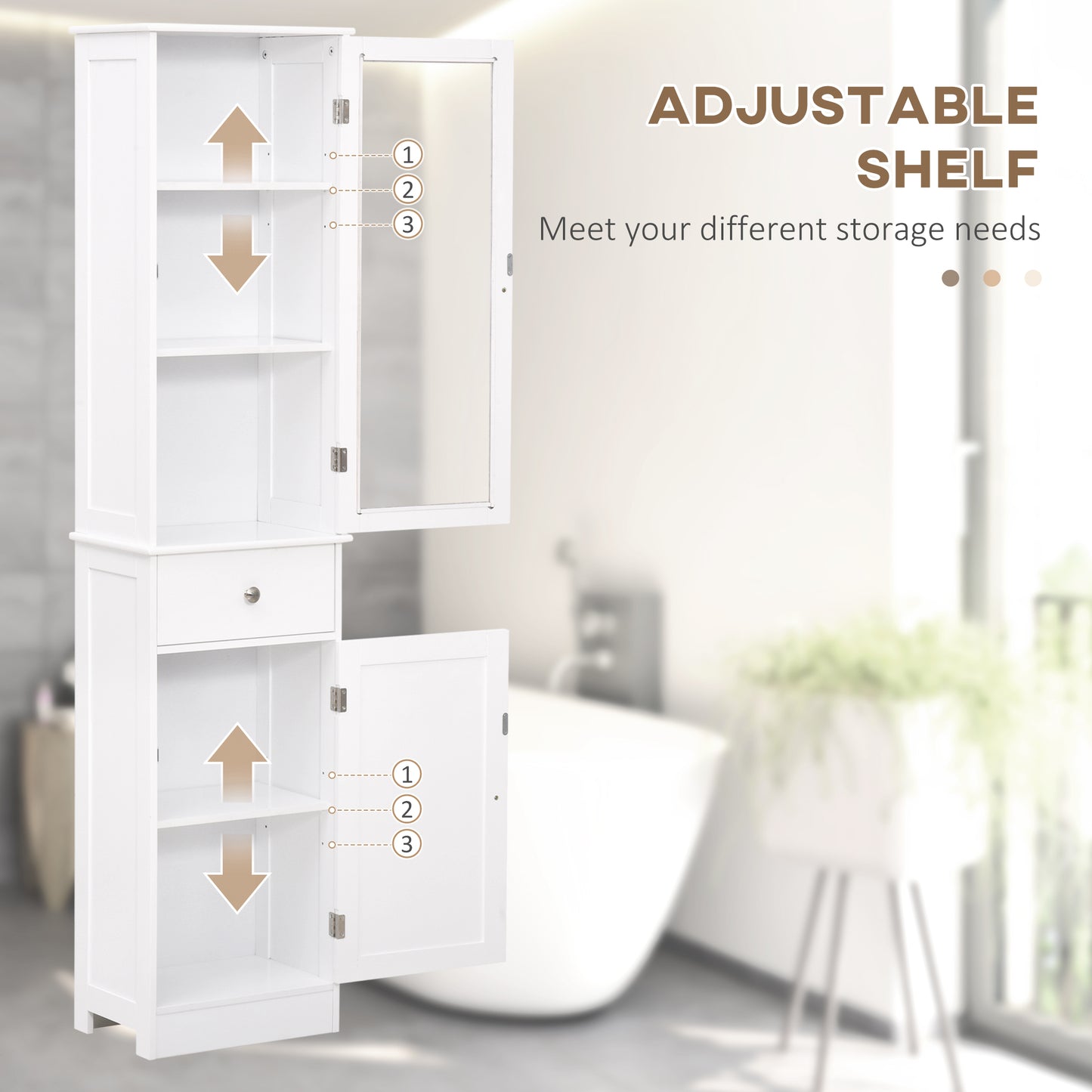 White MDF Bathroom Cabinet - Tall Storage Tower with Drawer for Living Room