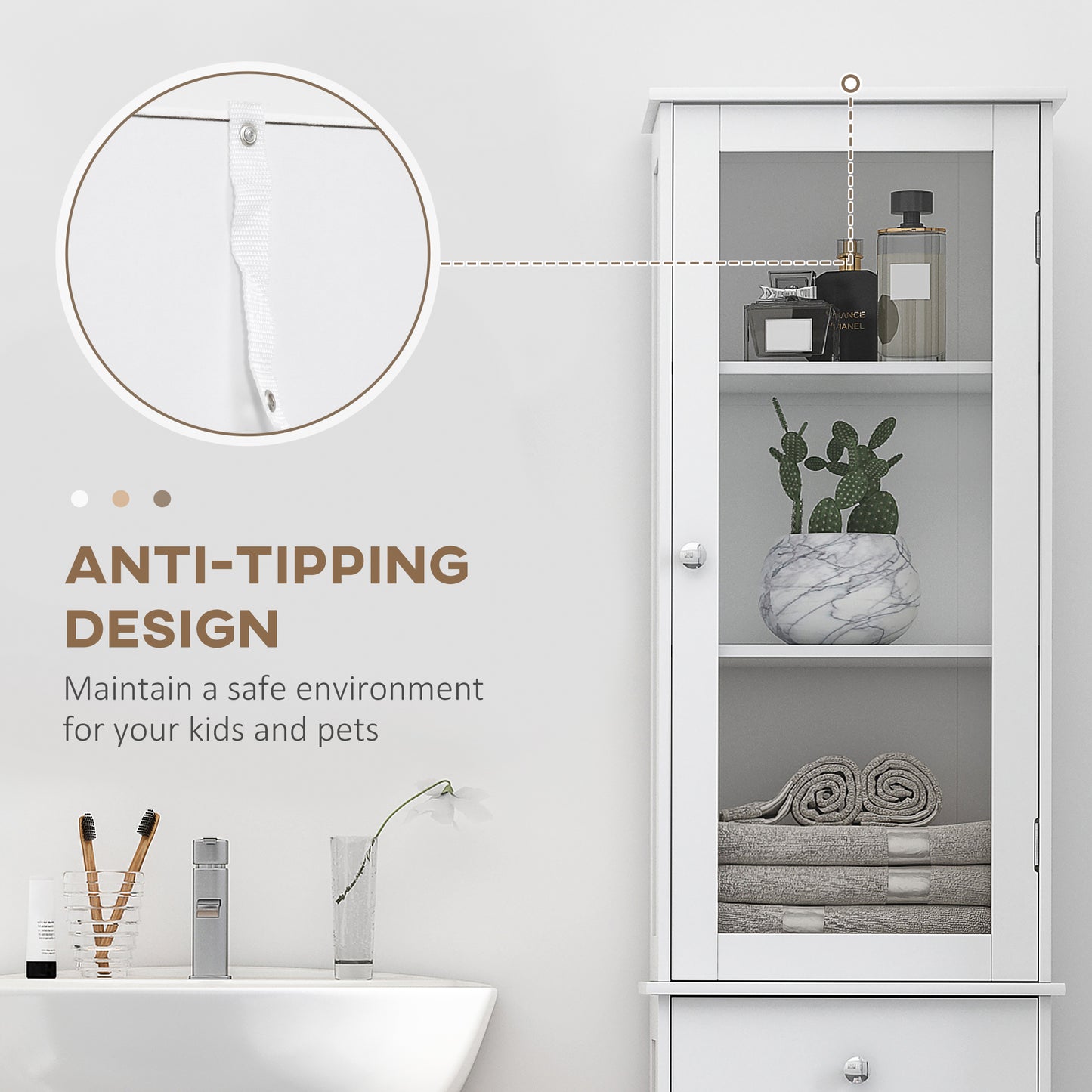 White MDF Bathroom Cabinet - Tall Storage Tower with Drawer for Living Room