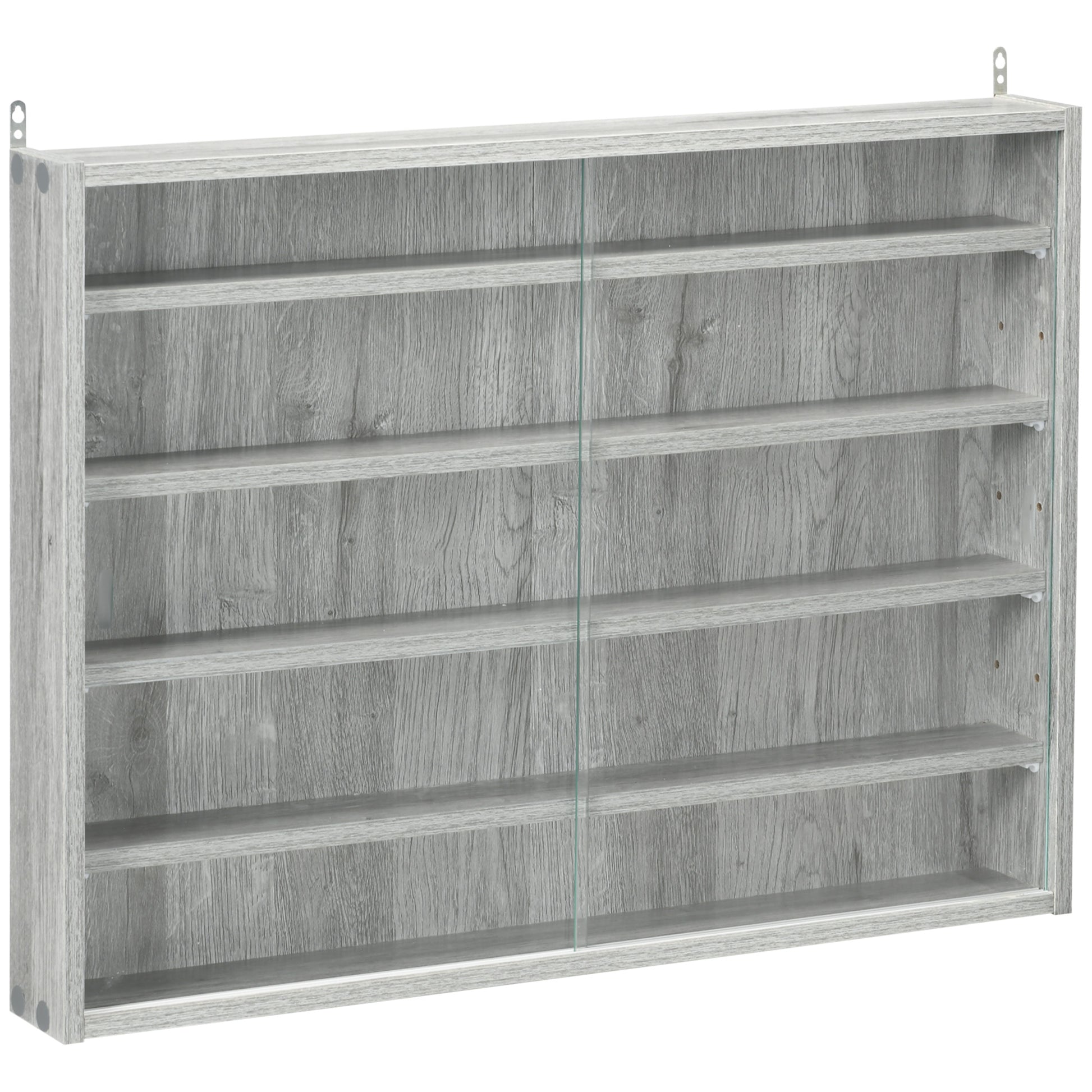 5-Tier Display Cabinet, Glass Display Case with 2 Doors and Adjustable Shelves, Wall-Mounted, Grey