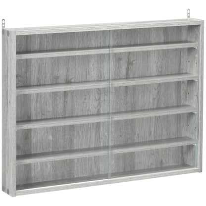 5-Tier Display Cabinet, Glass Display Case with 2 Doors and Adjustable Shelves, Wall-Mounted, Grey