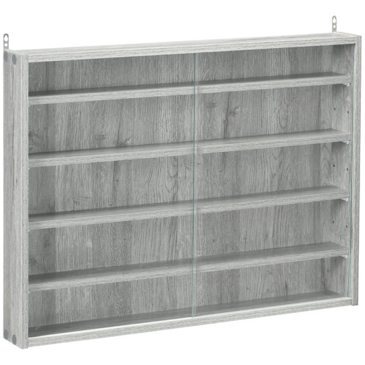 5-Tier Display Cabinet, Glass Display Case with 2 Doors and Adjustable Shelves, Wall-Mounted, Grey