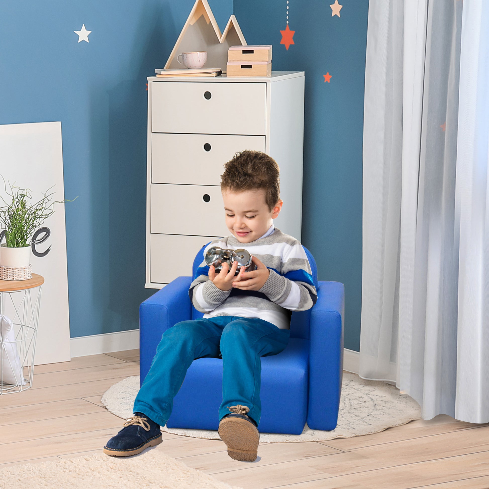 2-in-1 Kids Sofa - Blue Wood Convertible Table Chair Set