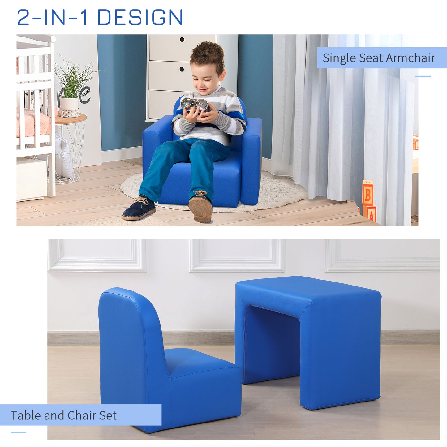 2-in-1 Kids Sofa - Blue Wood Convertible Table Chair Set
