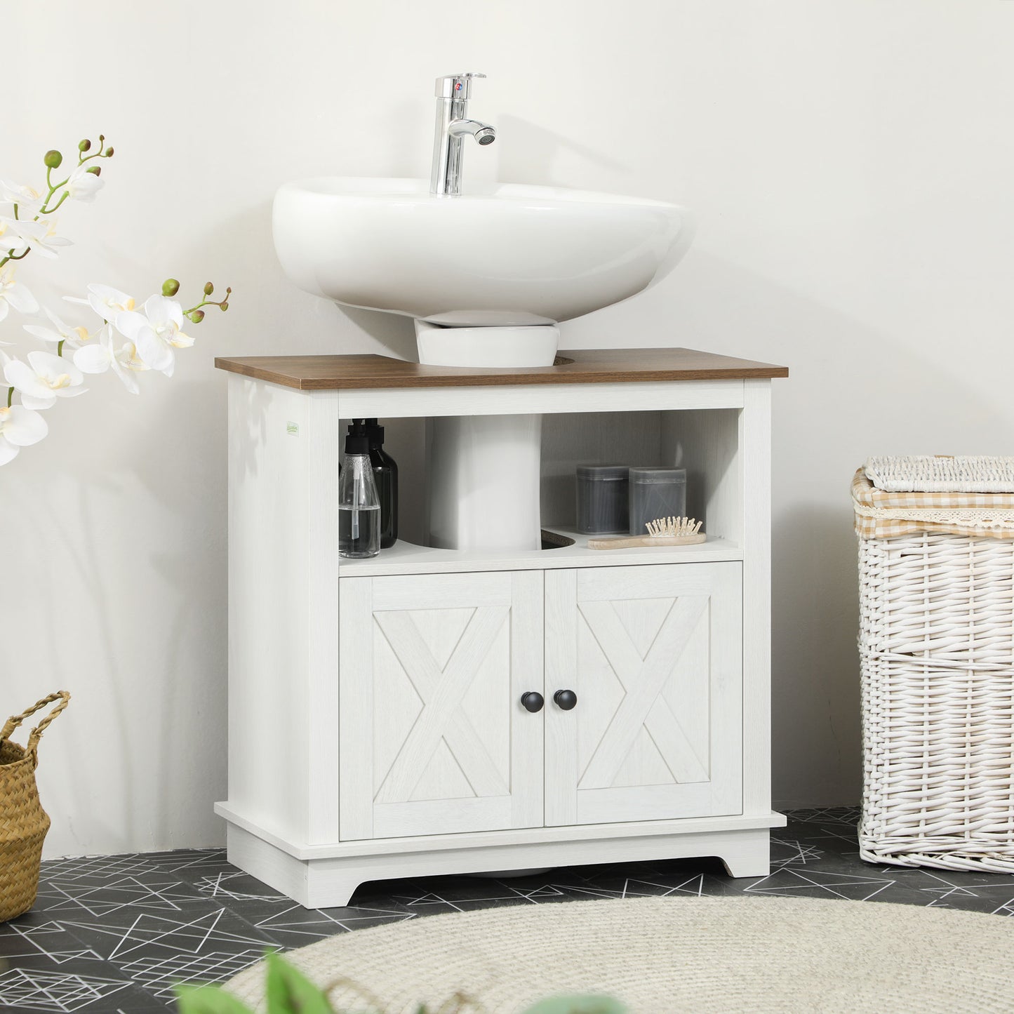 White Farmhouse Bathroom Vanity Cabinet - Under Sink Storage