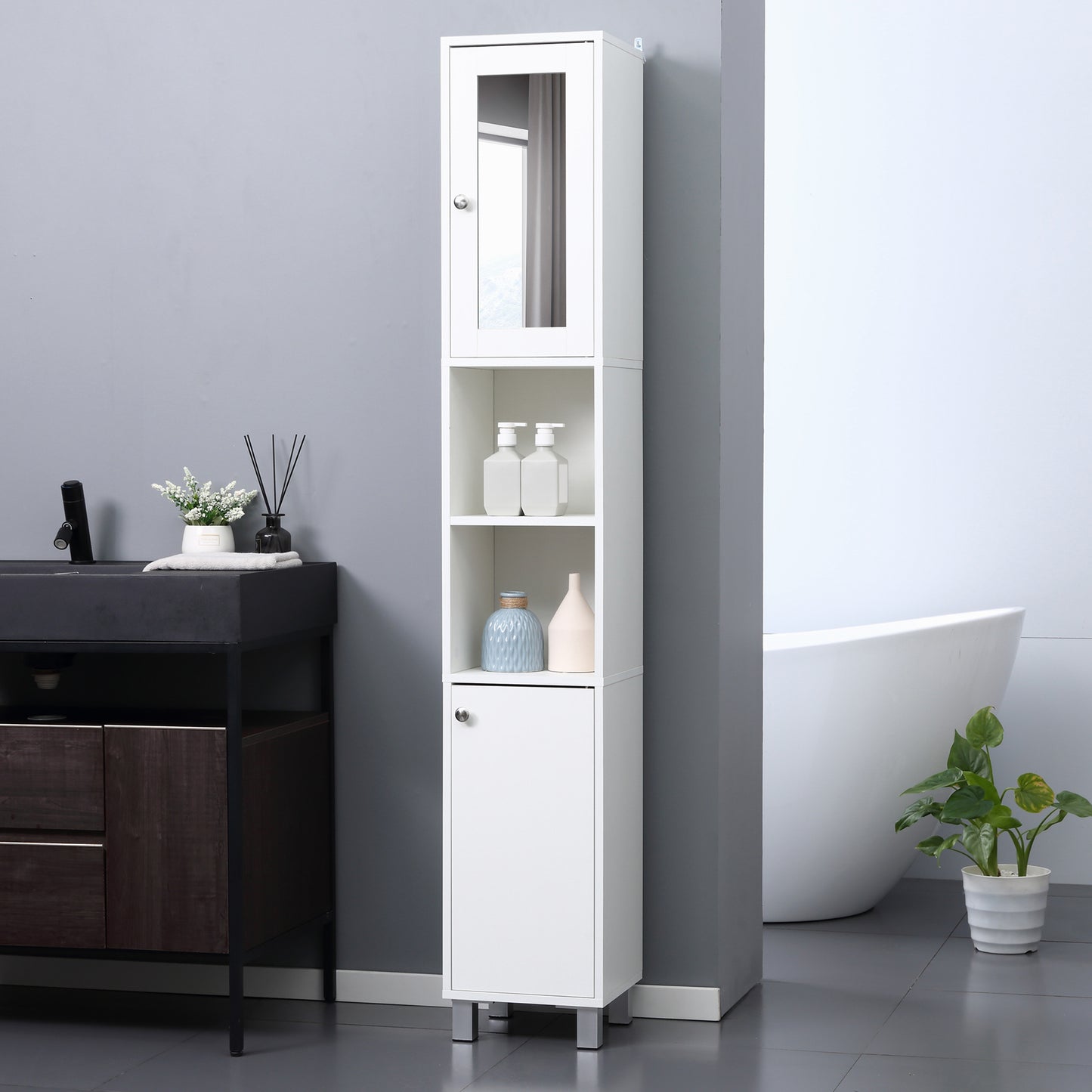 White Bathroom Storage Cabinet with Mirror - 70.75" Tall for Living Room
