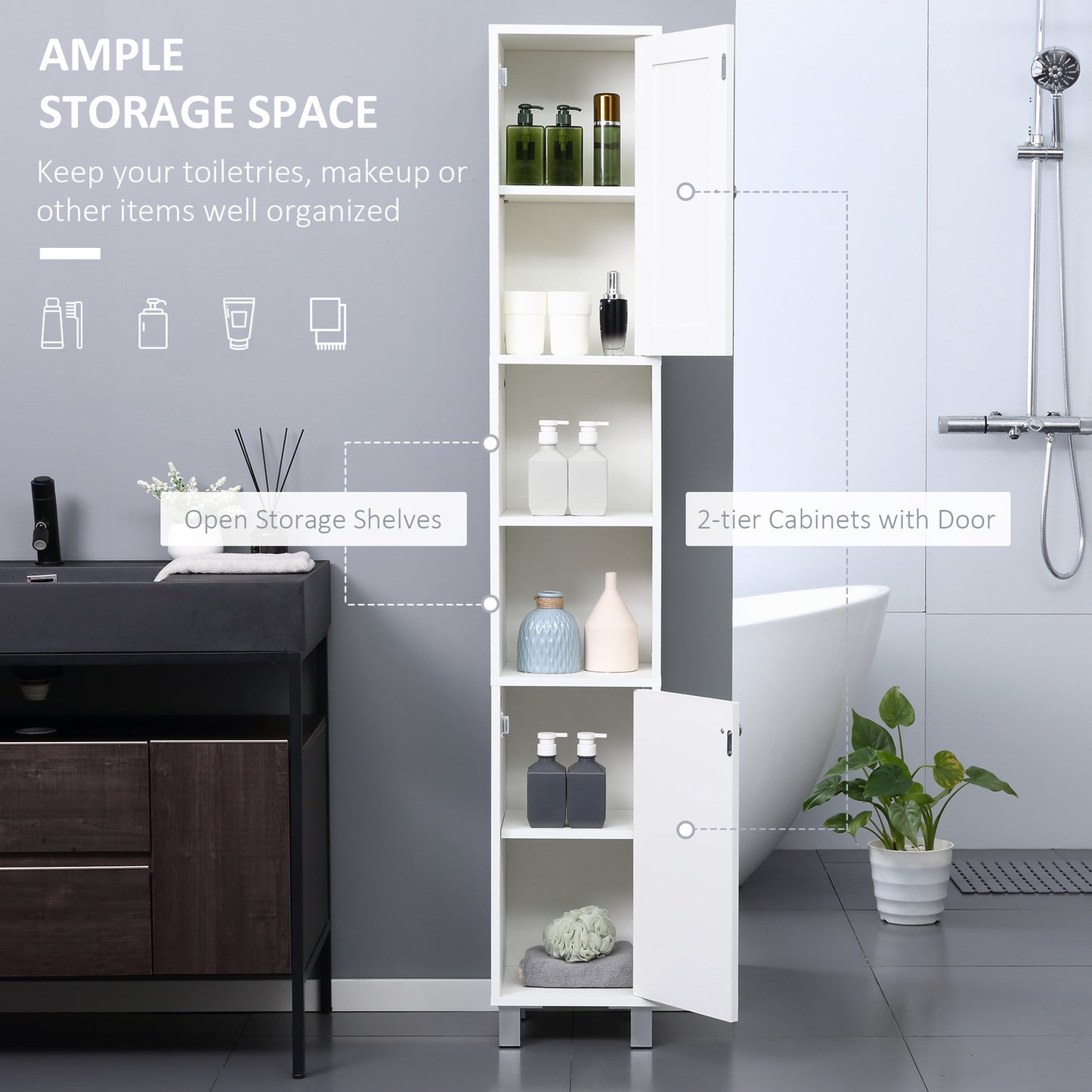 White Bathroom Storage Cabinet with Mirror - 70.75" Tall for Living Room