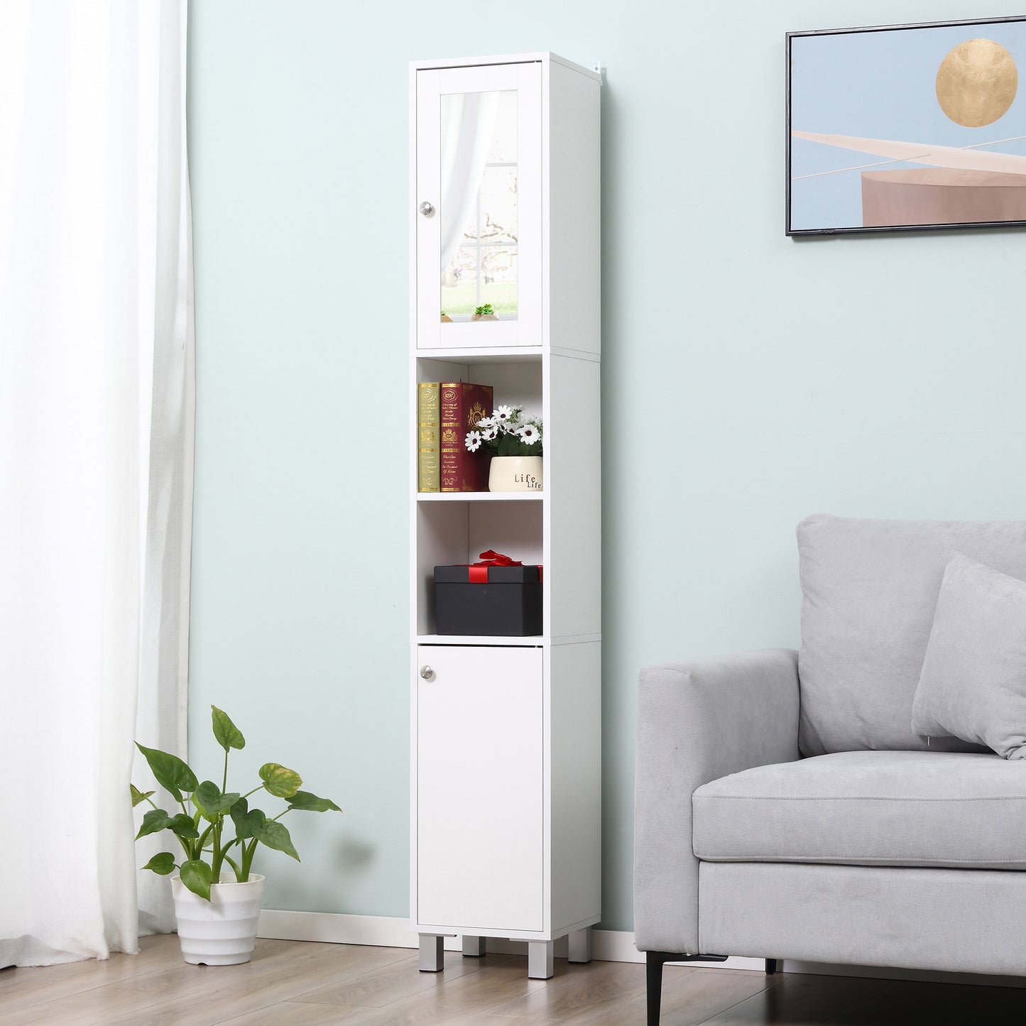 White Bathroom Storage Cabinet with Mirror - 70.75" Tall for Living Room