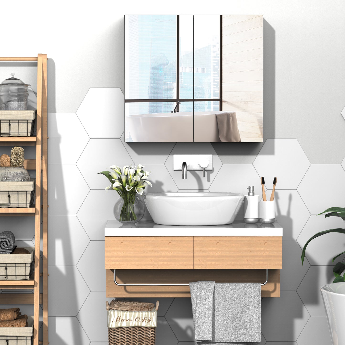 Kleankin Bathroom Cabinet - Steel Storage & Mirror