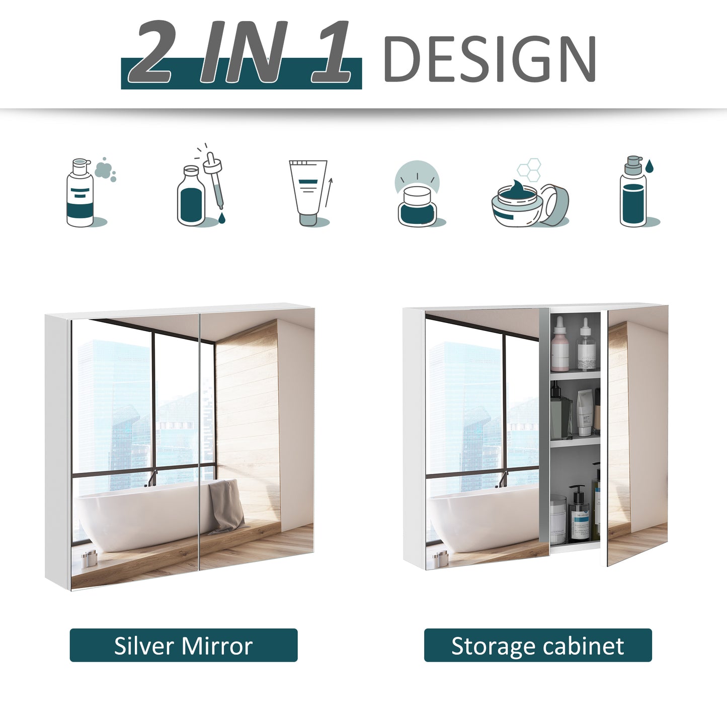 Kleankin Bathroom Cabinet - Steel Storage & Mirror