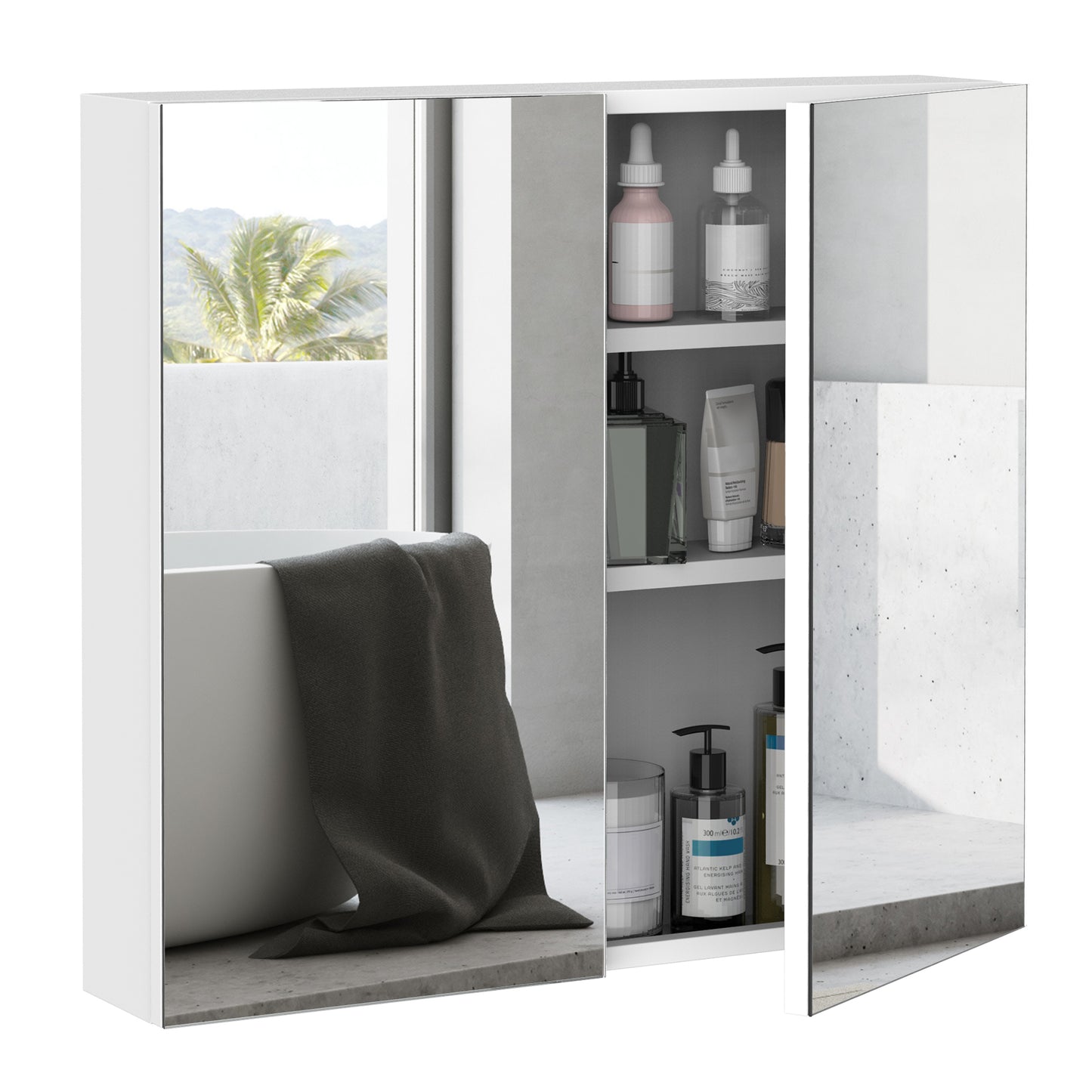 kleankin Bathroom Mirrored Cabinet, 24"x22" Steel Frame Medicine Cabinet, Wall-Mounted Storage Organizer with Double Doors, White