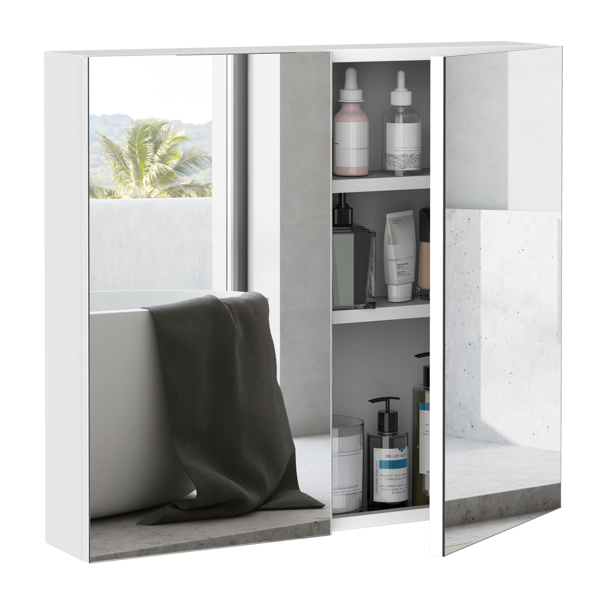 kleankin Bathroom Mirrored Cabinet, 24"x22" Steel Frame Medicine Cabinet, Wall-Mounted Storage Organizer with Double Doors, White
