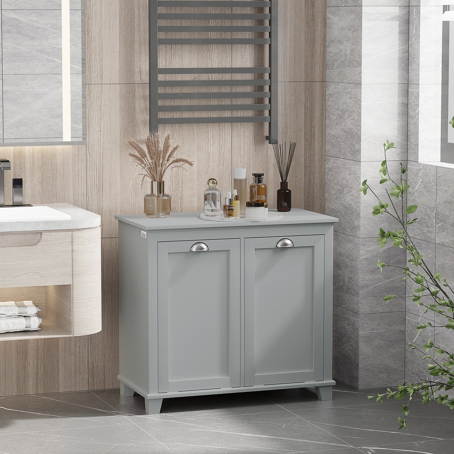 Gray MDF Laundry Hamper Cabinet with Tilt-Out Storage for Bathroom for Living Room