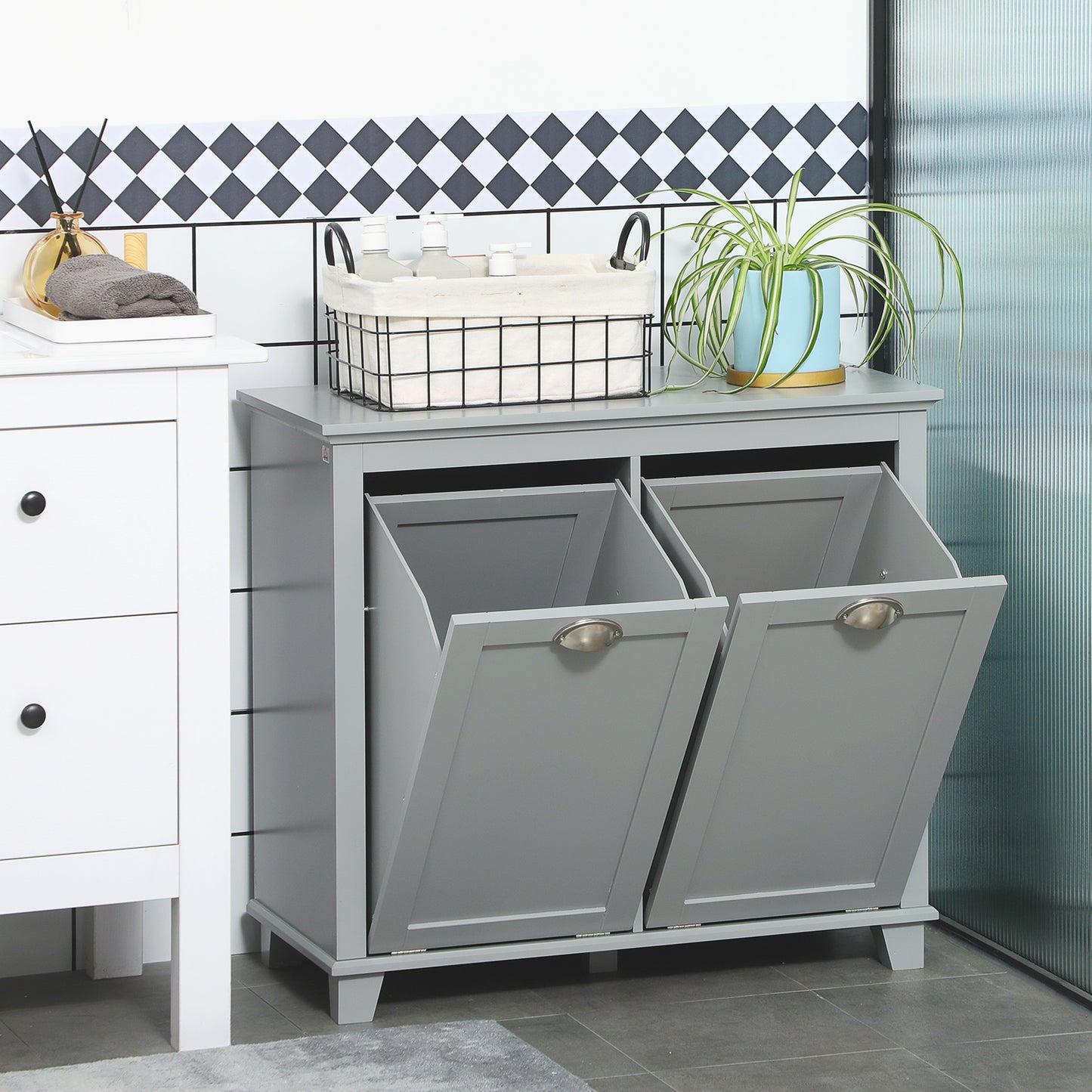 Gray MDF Laundry Hamper Cabinet with Tilt-Out Storage for Bathroom for Living Room