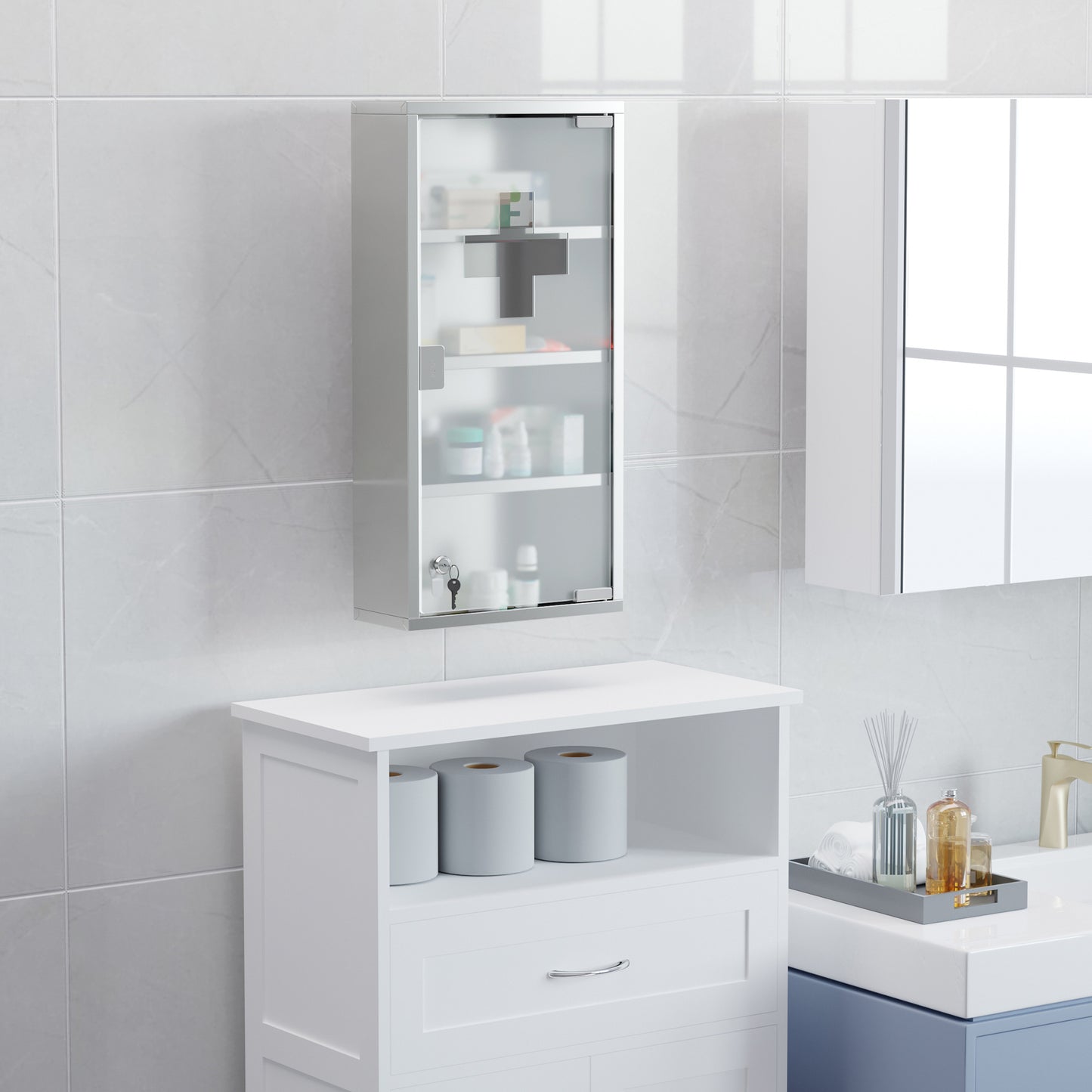Locking Medicine Cabinet - Stainless Steel Storage, Silver