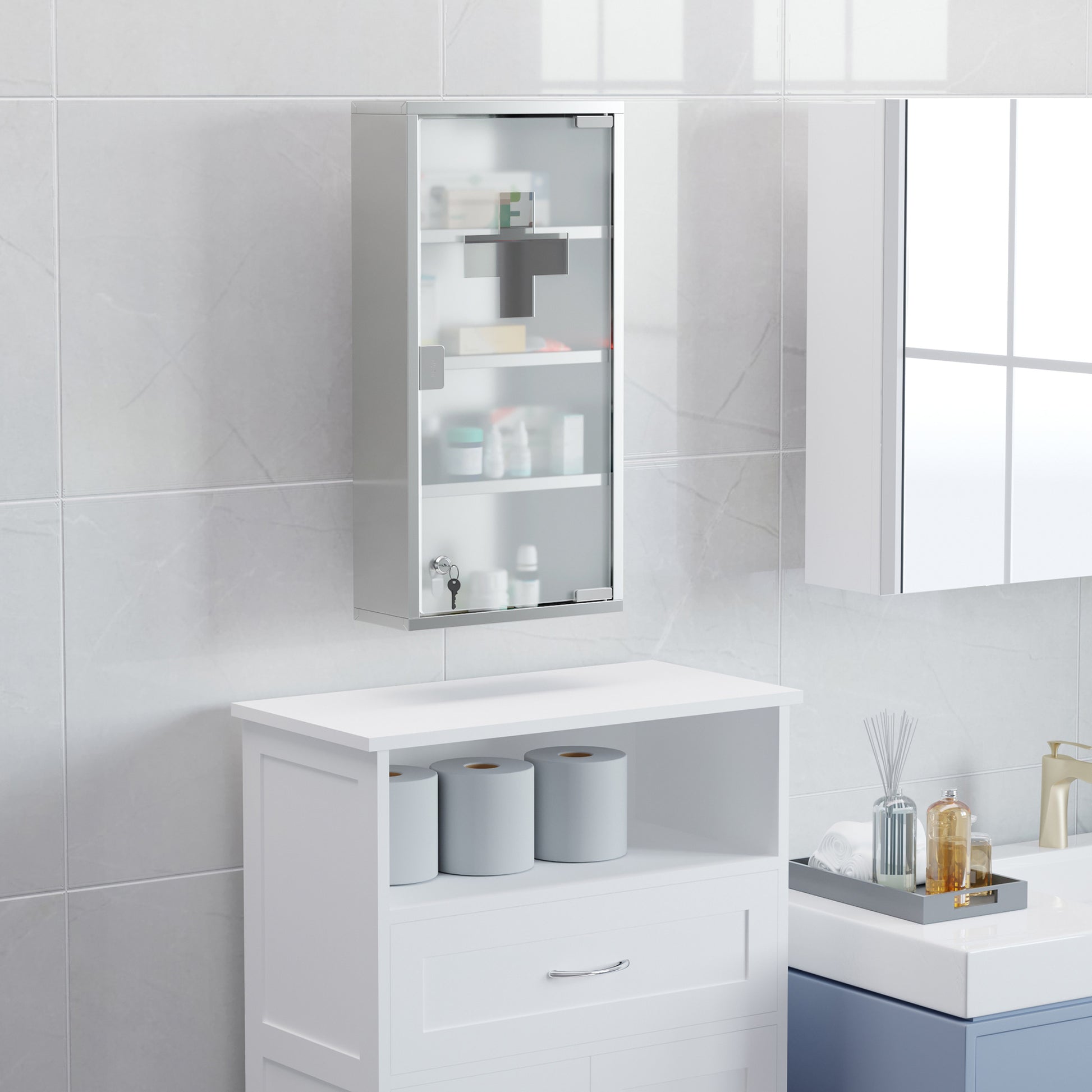 Locking Medicine Cabinet - Stainless Steel Storage, Silver
