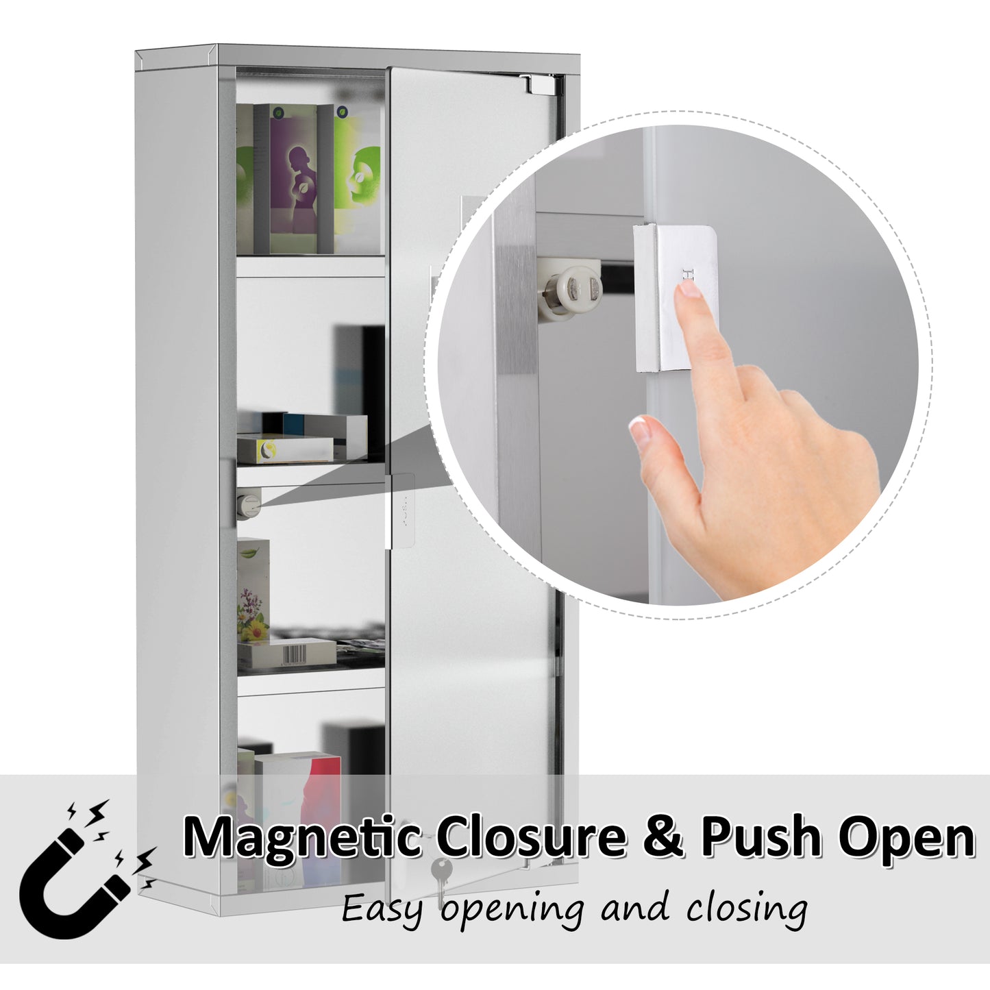 Locking Medicine Cabinet - Stainless Steel Storage, Silver