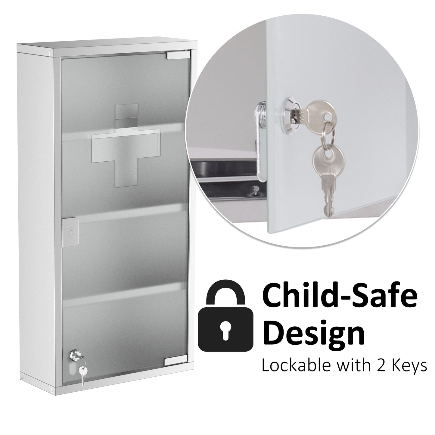 Locking Medicine Cabinet - Stainless Steel Storage, Silver