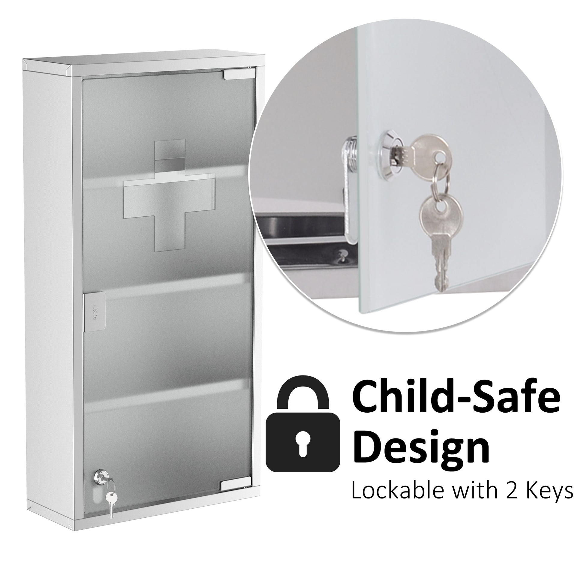 Locking Medicine Cabinet - Stainless Steel Storage, Silver